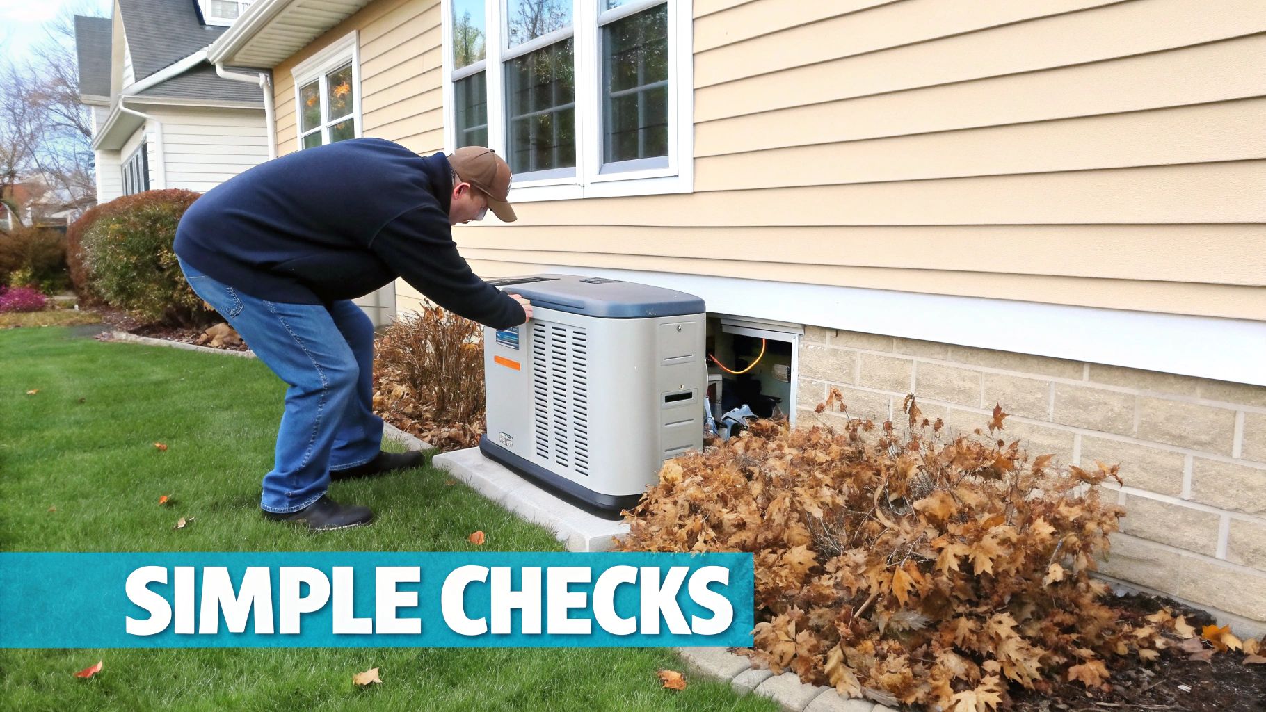 a man checking on a generator outside of a home with a blue banner and text that reads 'simple checks'
