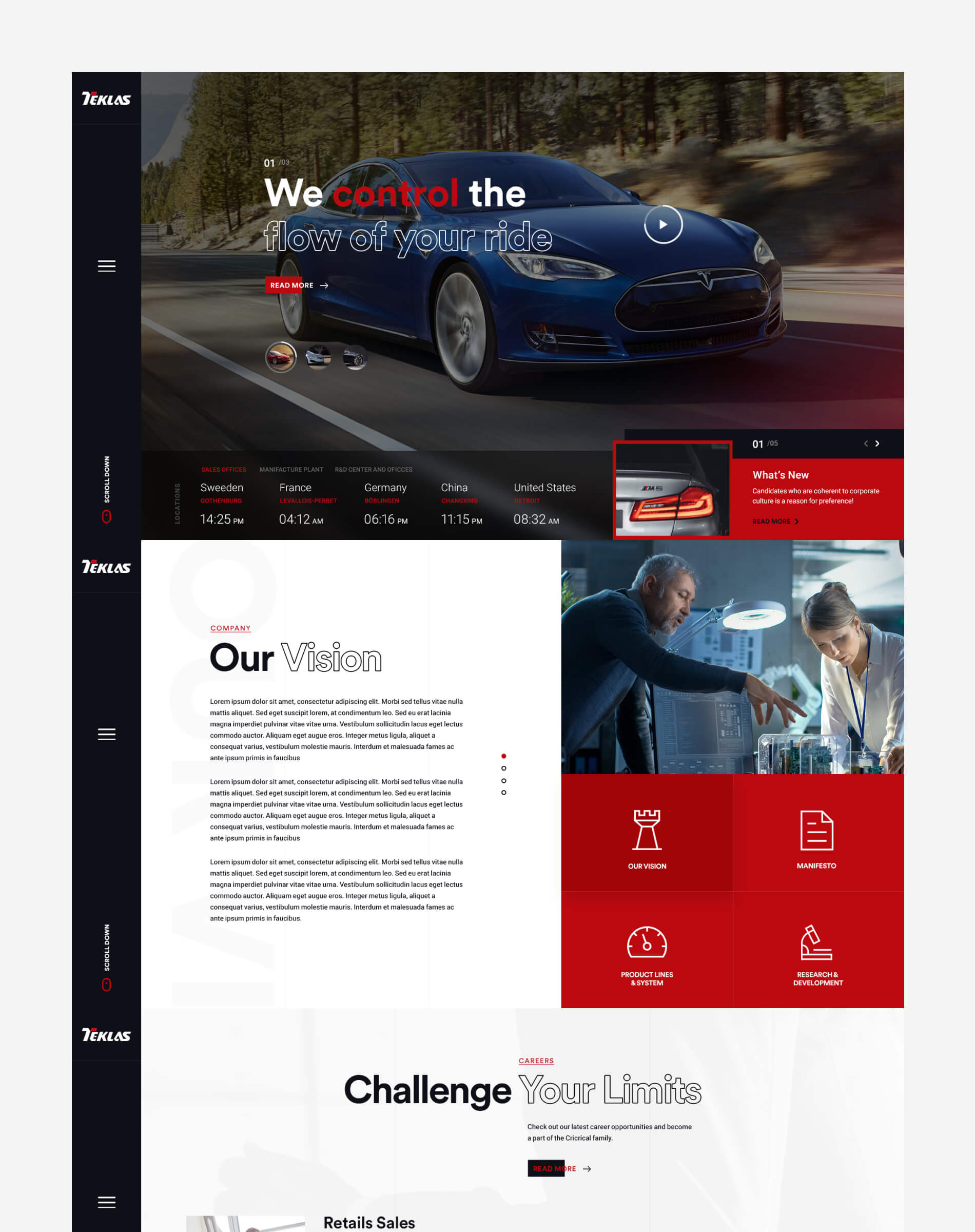 Teklas homepage featuring blue Tesla Model S on highway with global office times and corporate vision with two professionals.