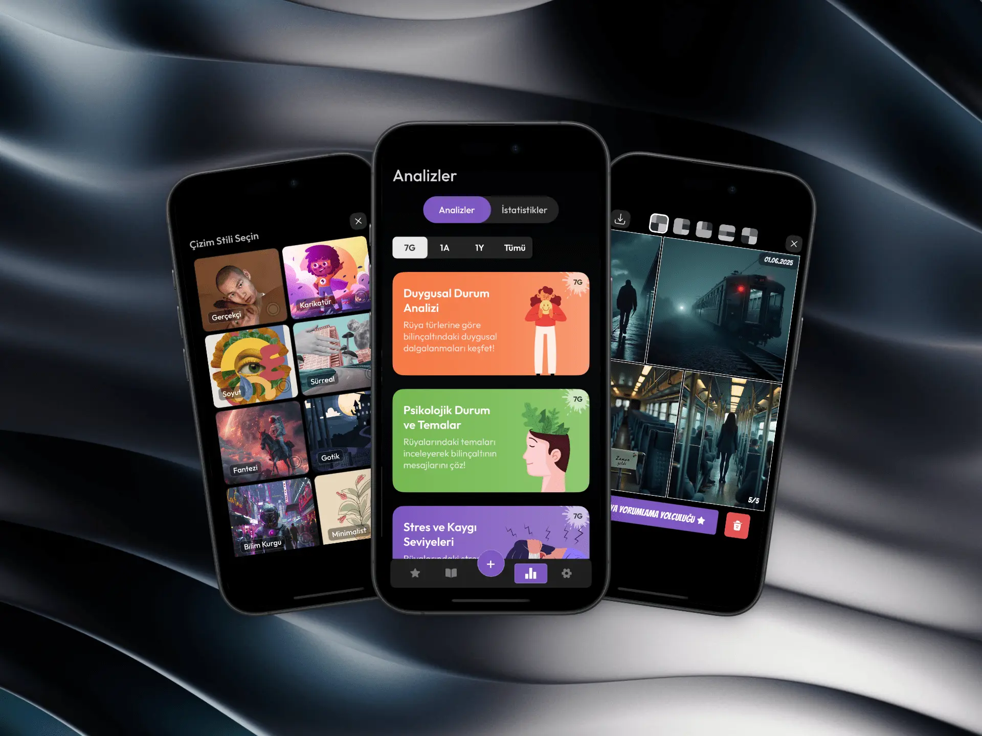 Asteria uygulaması mockup – yapay zekâ destekli rüya yorumlama ve dijital rüya günlüğü mobil uygulaması