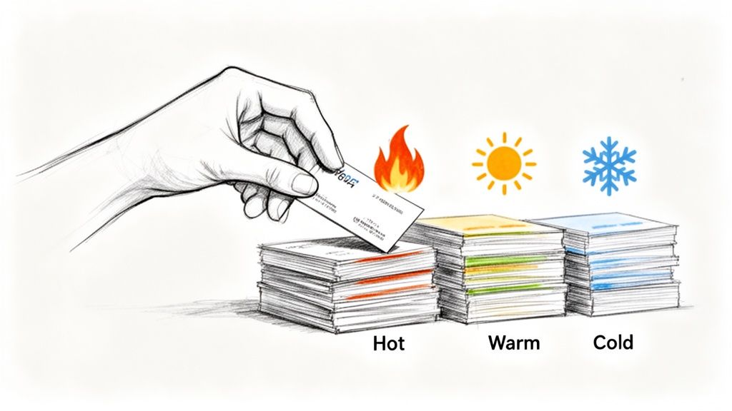 Hand sorting business cards into 'Hot', 'Warm', and 'Cold' lead scoring piles with icons.
