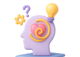 Human head with spiral brain, lightbulb, and gear