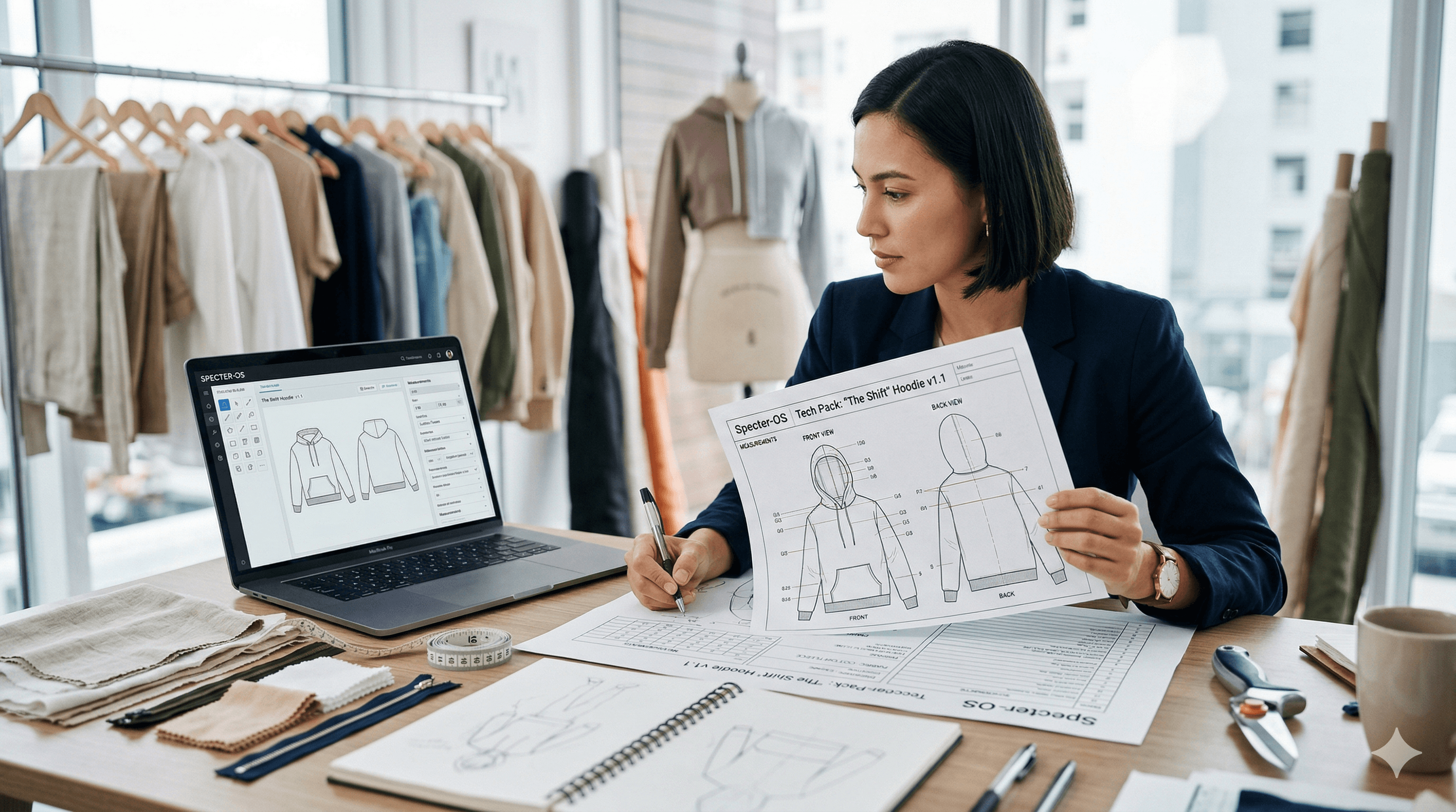 A professional fashion designer uses a laptop displaying the Specter-OS tech pack software to create technical drawings for a hoodie. She is holding up a physical printout of the detailed tech pack, which shows front and back views with construction callouts. Her organized workspace includes fabric swatches, zippers, a measuring tape, and a sketchbook, with clothing racks and a mannequin visible in a bright studio environment.