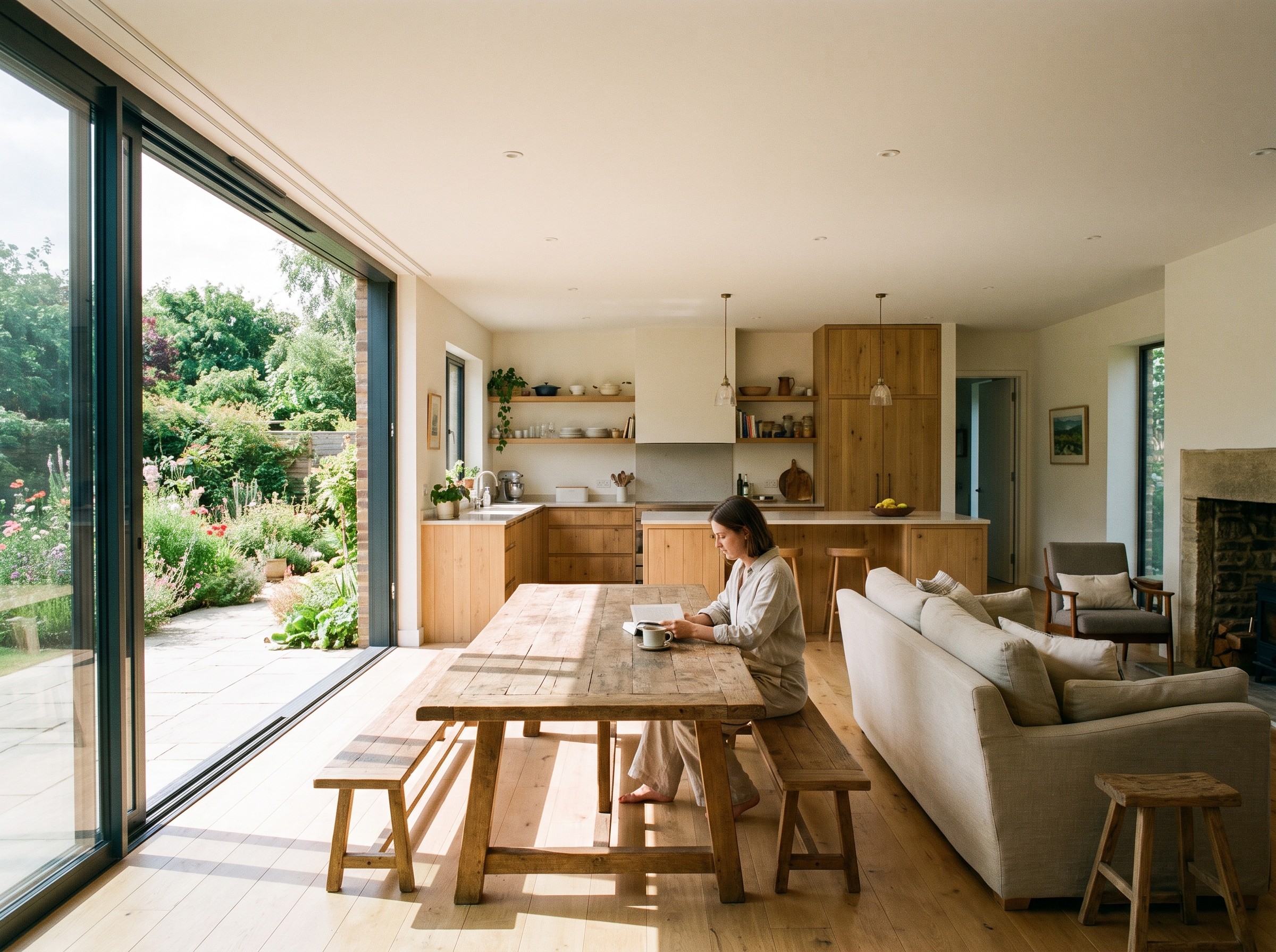 Open-plan kitchen/living space, full-height sliding doors open to the garden, a figure seated at a wood dining table reading, midday light.