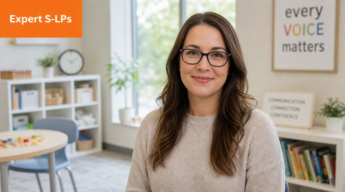A professional speech-language pathologist smiling confidently in a modern, organized therapy office setting.