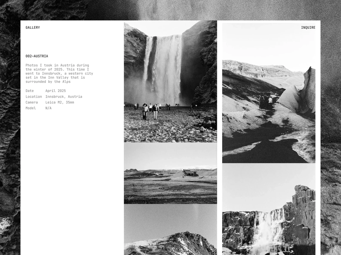 Black-and-white photography gallery 002-Austria showing alpine waterfalls and mountain landscapes.