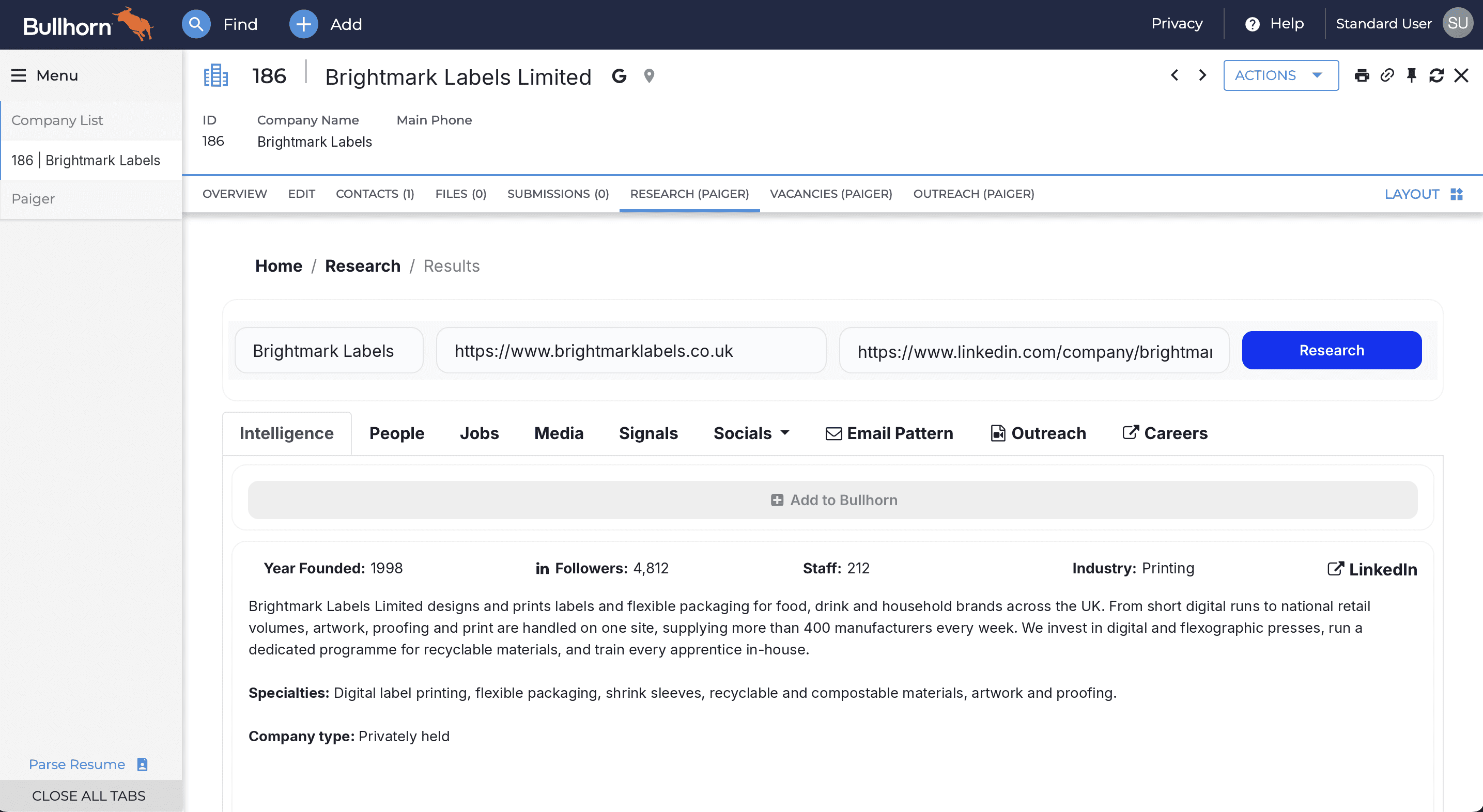 Paiger research on a Bullhorn company record