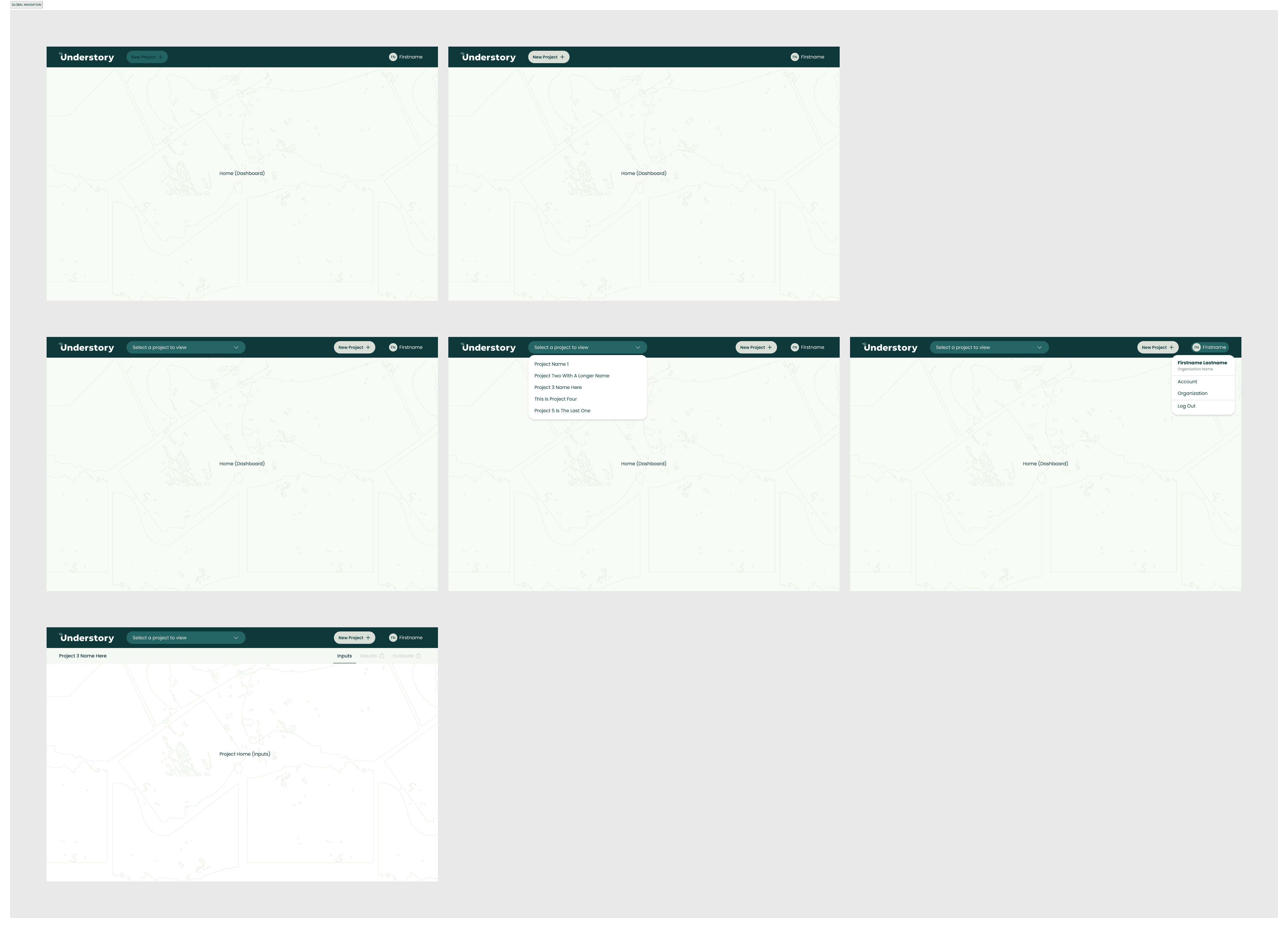 A series of five screens showing global navigation of an application, titled "Understory". 