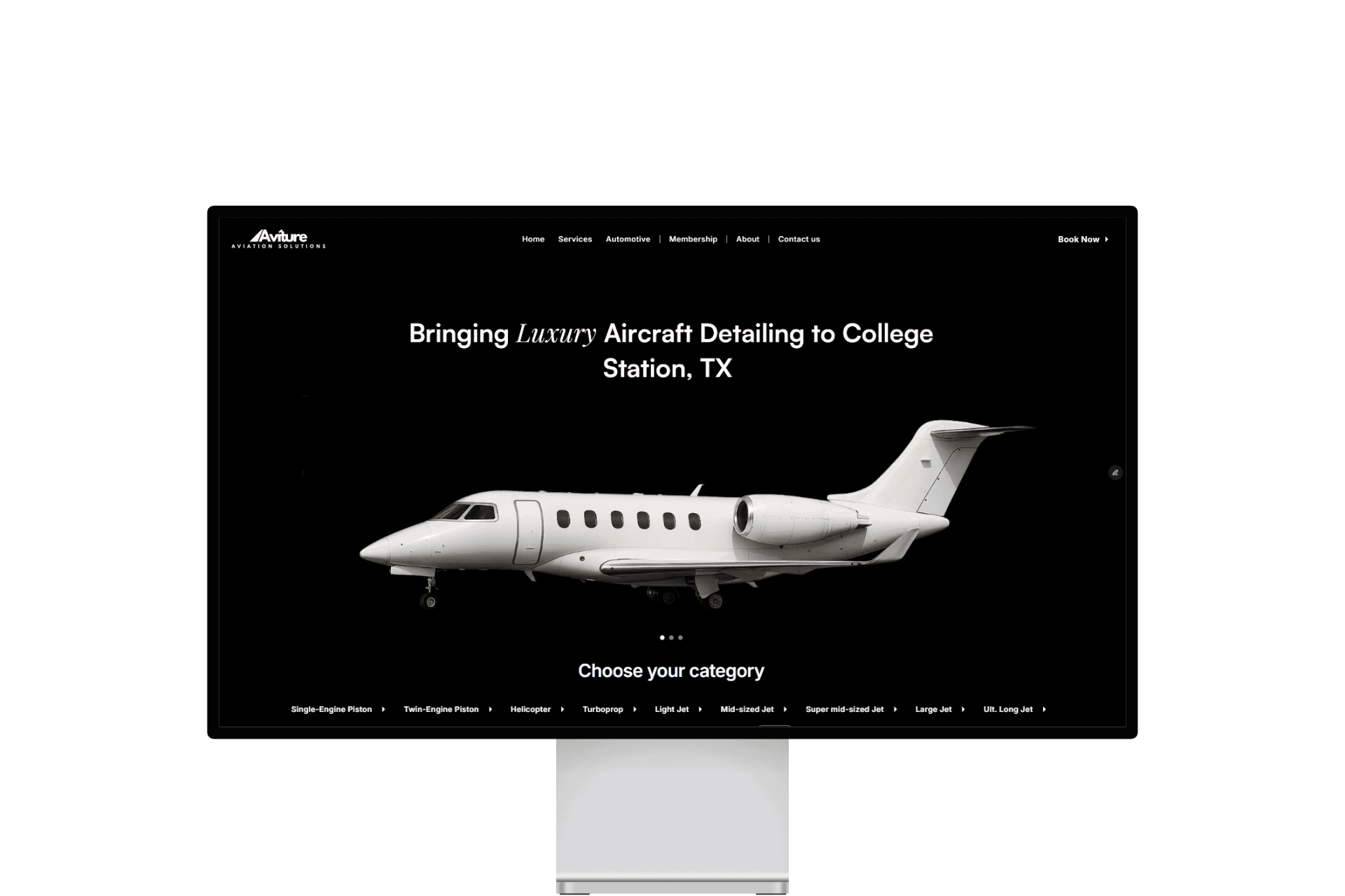 Avitures aircraft detailing website design displayed on a desktop monitor