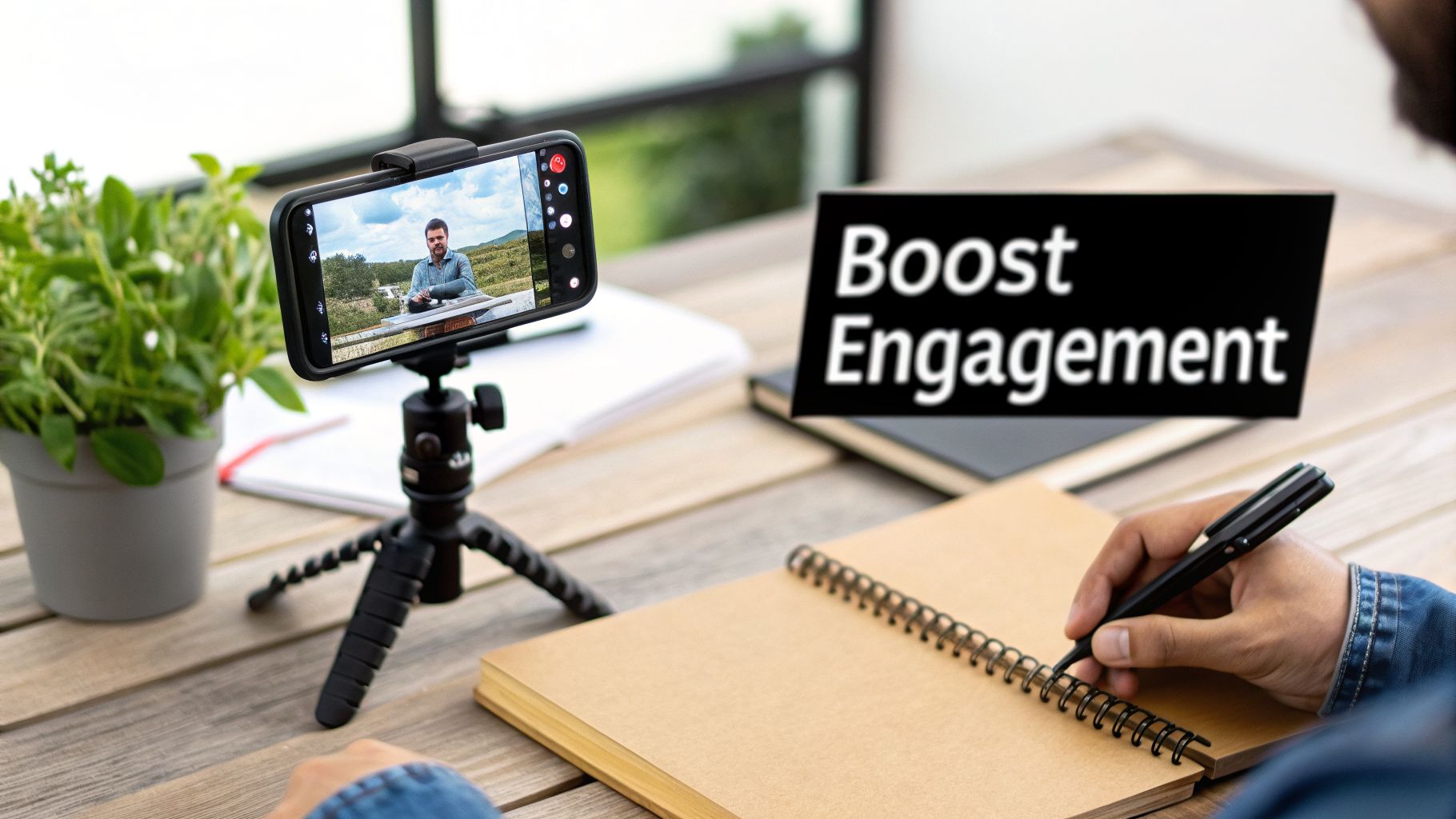 A person taking notes while a smartphone on a tripod records a video, with a 'Boost Engagement' sign.