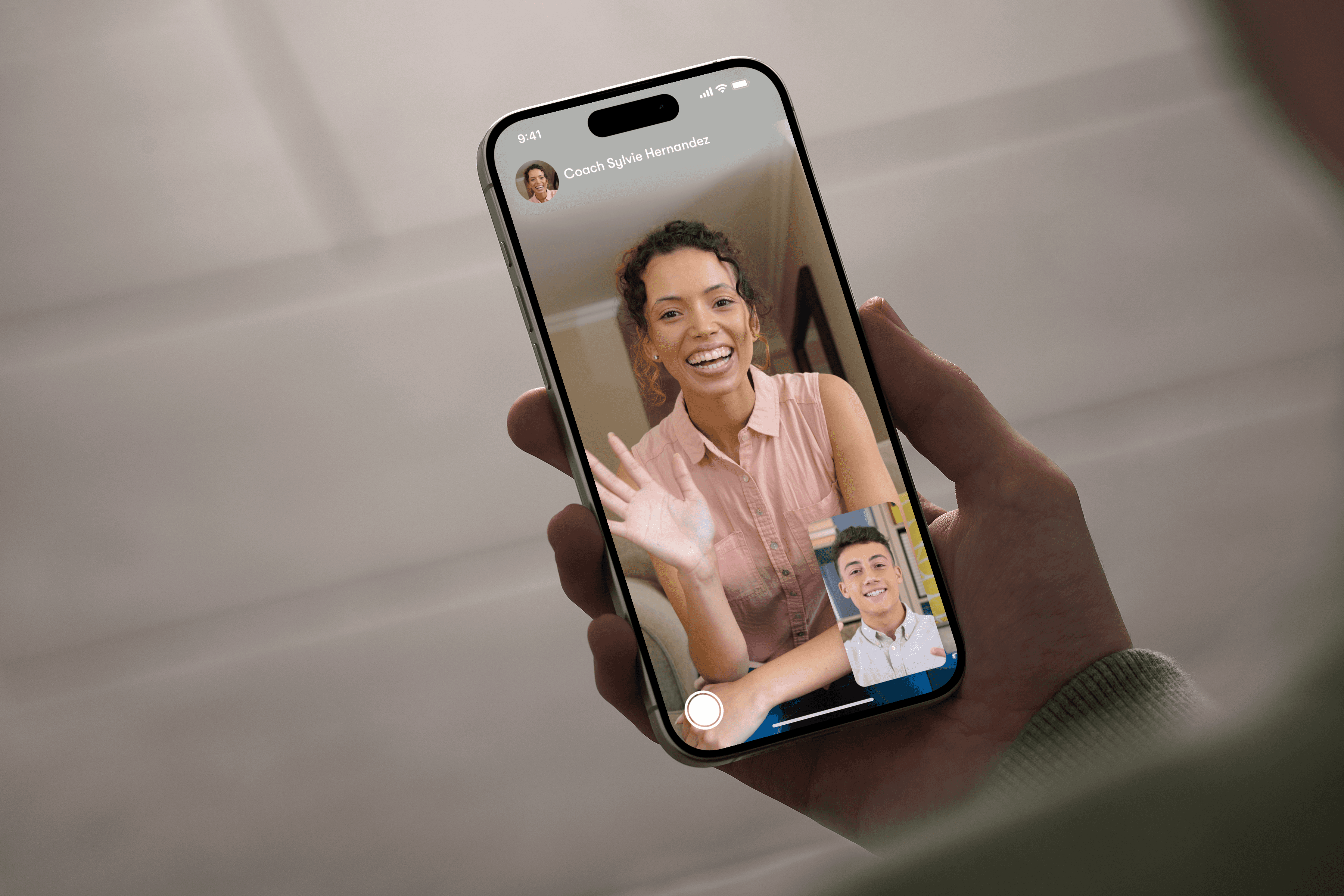 An image of a phone mockup of the Impact Suite app showing the Teletherapy part of the app where students can make appointments and meet with licensed therapists.