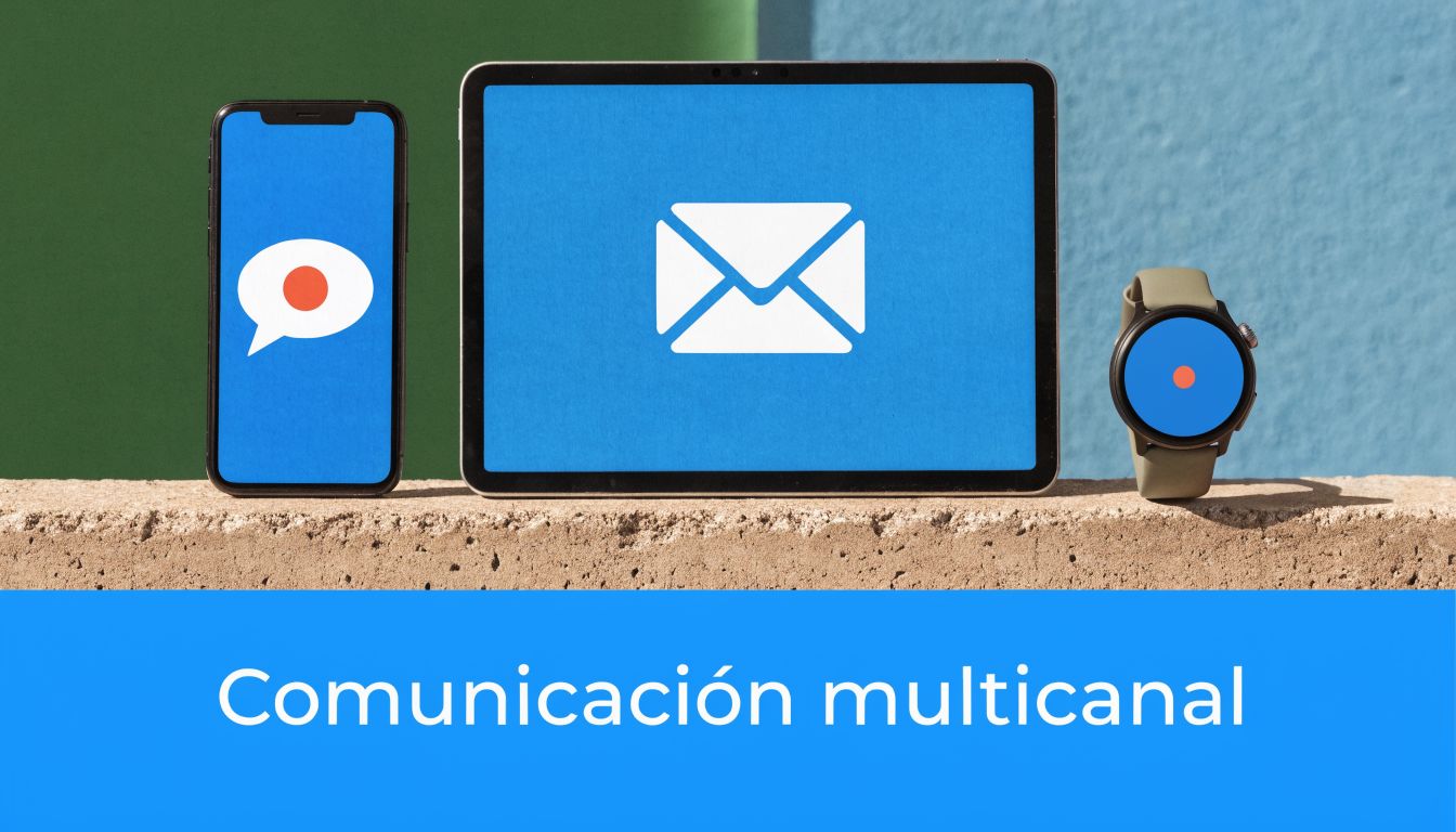 Dispositivos electrónicos como smartphone, tablet y reloj inteligente mostrando iconos de comunicación sobre una superficie rugosa.