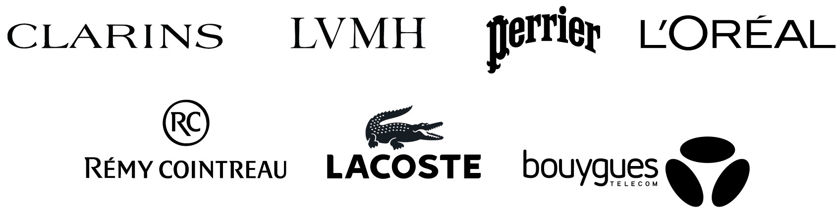 Logos: Clarins, LVMH, Perrier, L'Oréal, Rémy Cointreau, Lacoste, Bouyguyes telecom