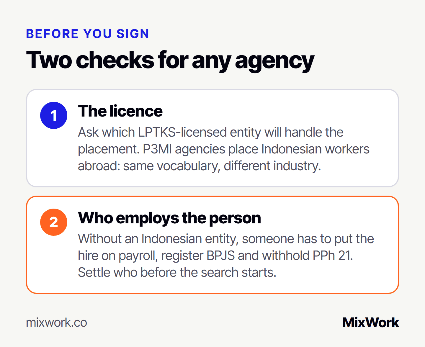 Two checks before you sign with any recruitment agency in Indonesia: first, the licence, meaning which LPTKS-licensed entity will handle the placement, remembering that P3MI agencies place Indonesian workers abroad; second, who employs the person, because without an Indonesian entity someone must lawfully put the hire on payroll, register BPJS and withhold PPh 21.