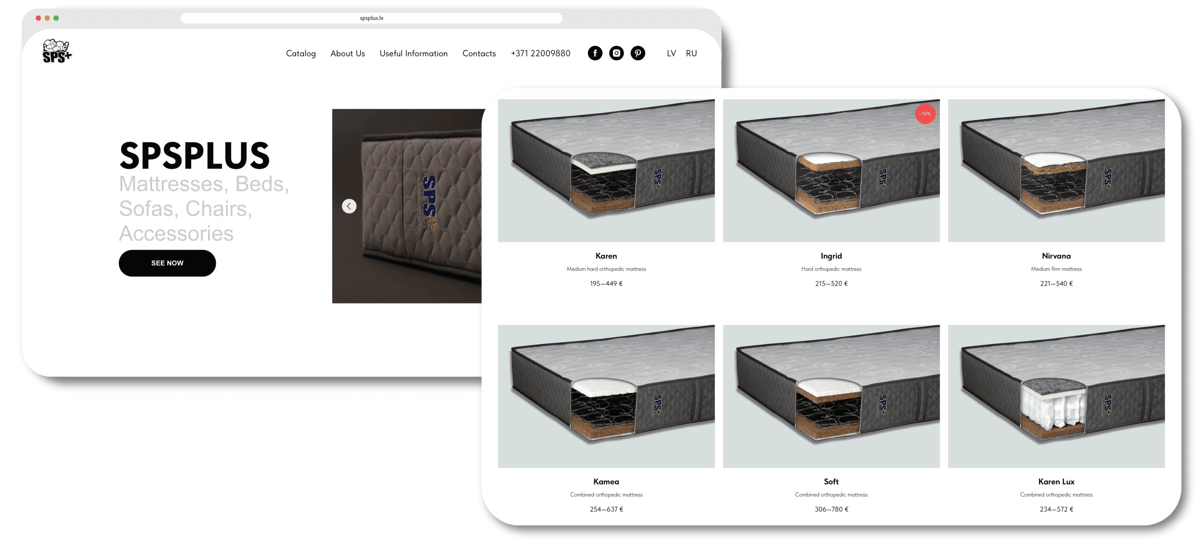 SPS Plus ecommerce website desktop view showing mattress catalog with over 500 products