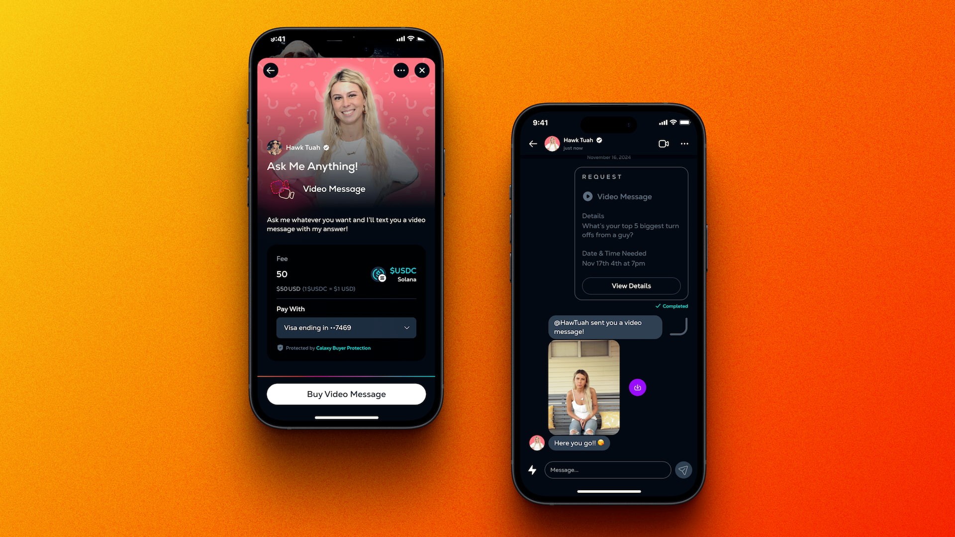 Received paid video message inside a blockchain social messaging app, demonstrating creator-to-fan video delivery and in-chat playback experience.