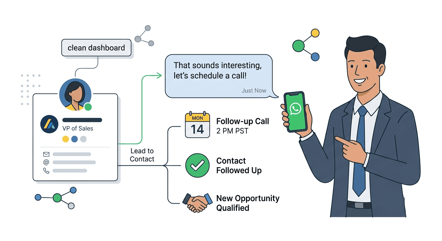 Trade show lead responding to a personalized WhatsApp follow-up message, showing successful post-event engagement and sales outreach.