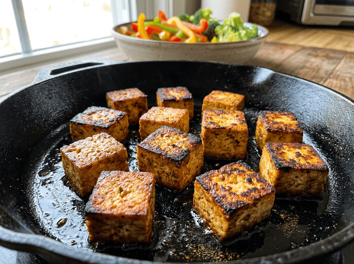 Golden pan-seared tofu cubes with crispy crust for vegan dinner recipes