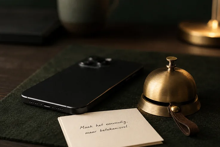 Gouden bel met notitie ernaast op donkere ondergrond, naast smartphone