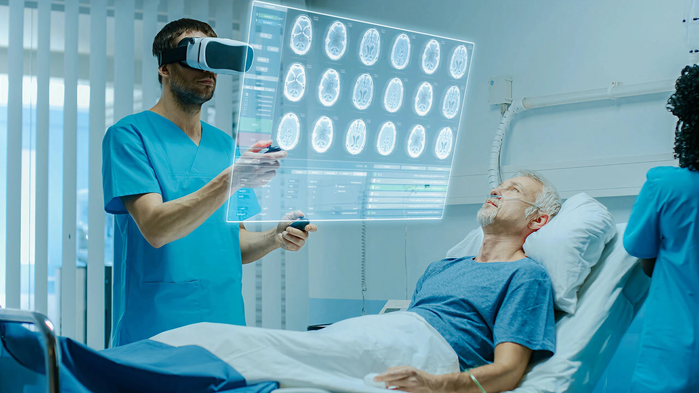 Clinician wearing a VR headset reviews 3D holographic brain MRI scans at a patient's bedside, illustrating spatial radiology and immersive medical imaging.