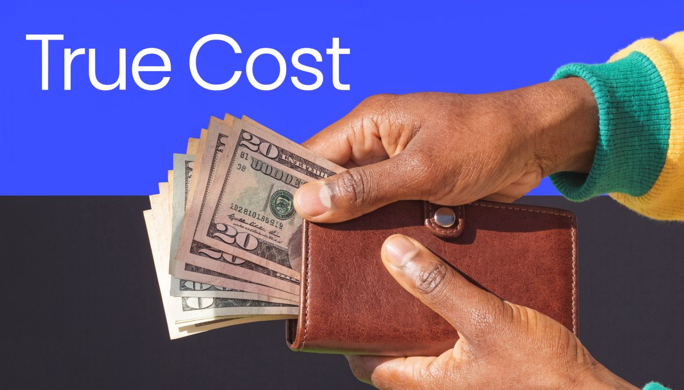 A close-up of a person's hands pulling out a stack of twenty-dollar bills from a brown wallet.