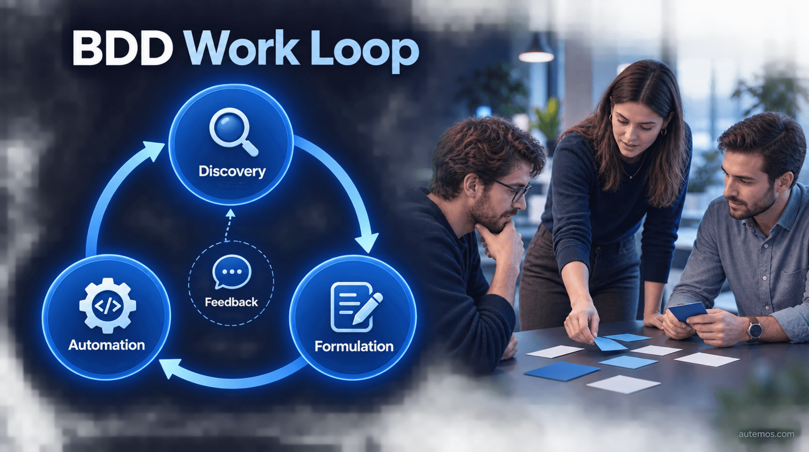 BDD work loop from Discovery, Formulation and Automation with feedback and a QA team working in a Swiss office