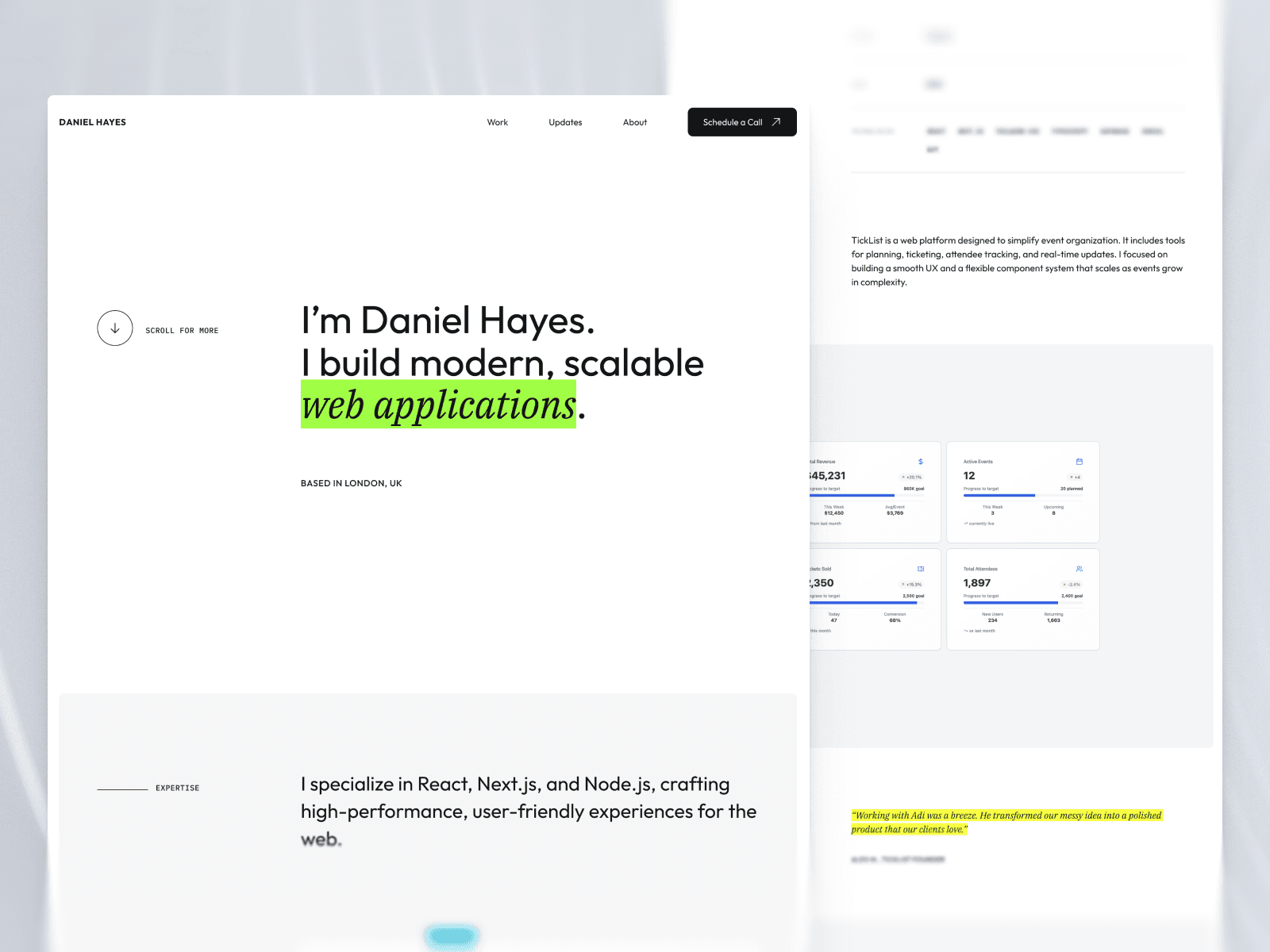 Homepage of the Daniel Hayes developer portfolio with bold headline and yellow accent.