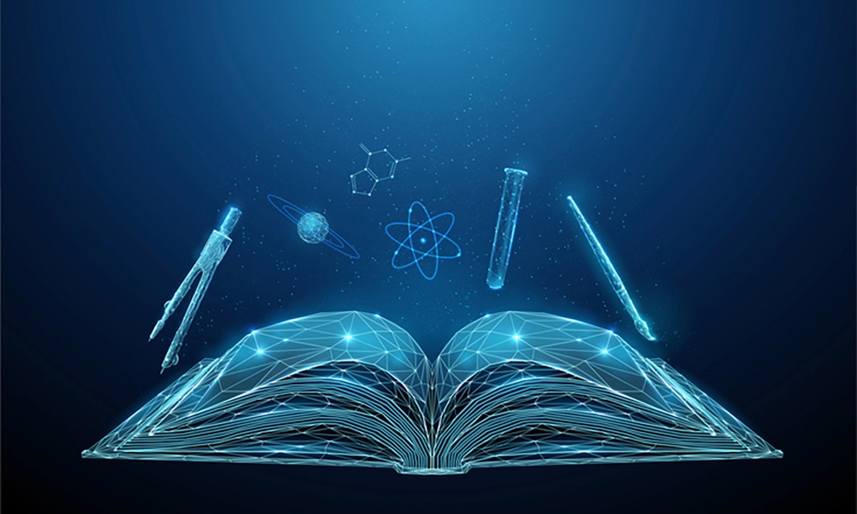 Illustration of an open digital book representing deep learning and AI-powered education