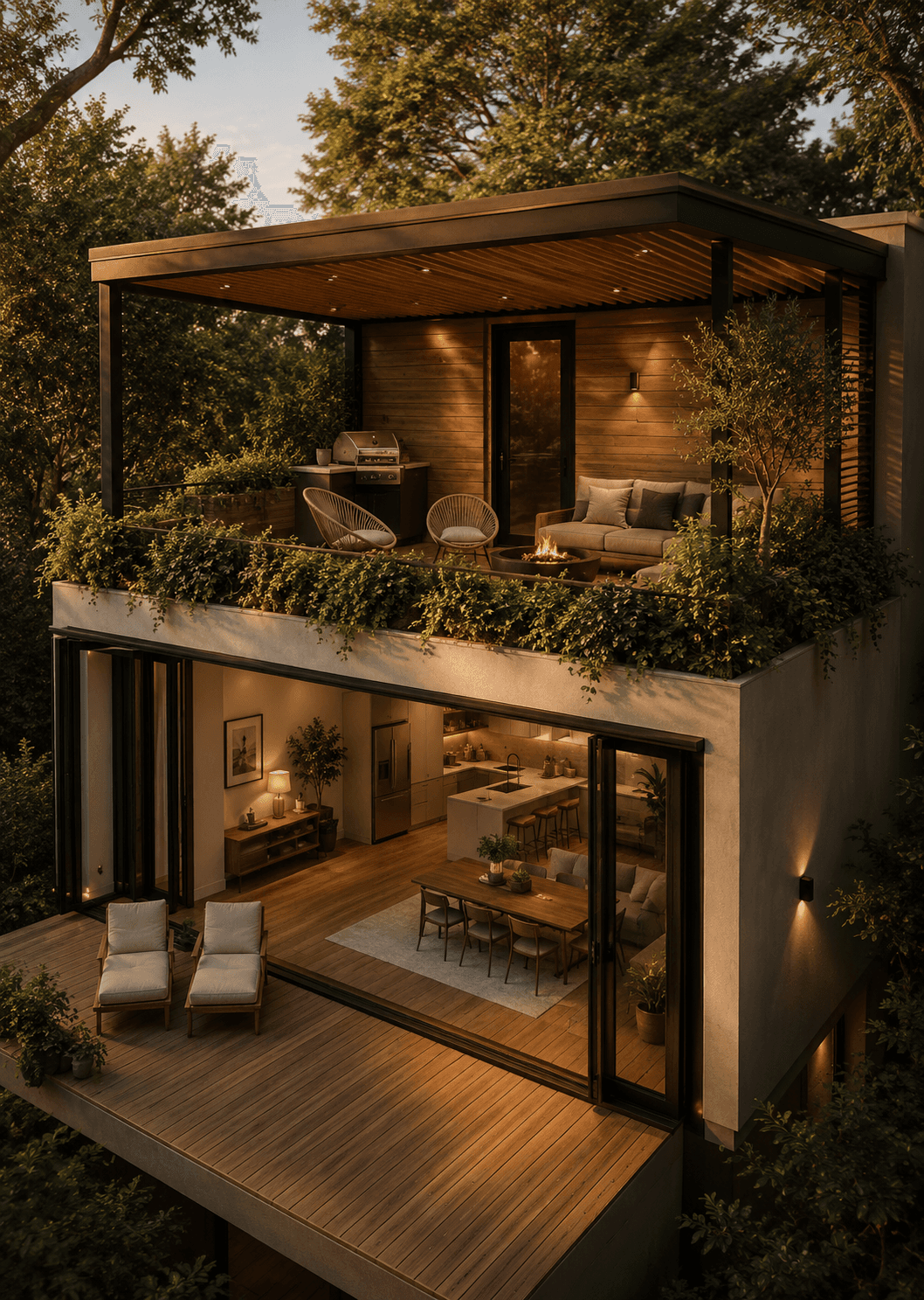 Modern two-storey backyard garden suite with rooftop terrace, warm lighting, floor-to-ceiling glass, and luxury contemporary architecture by UR-SPACE in Calgary.