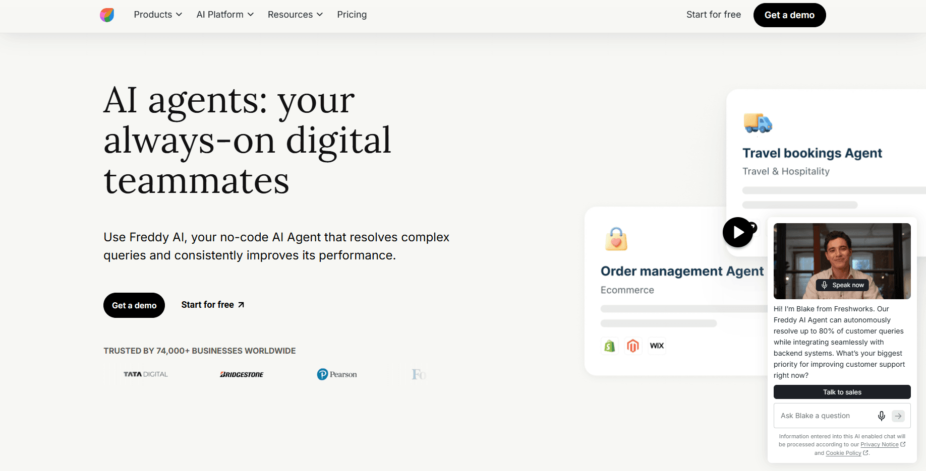 Freshdesk Freddy AI Agent page showing travel booking and order management agent examples beside a chat interface