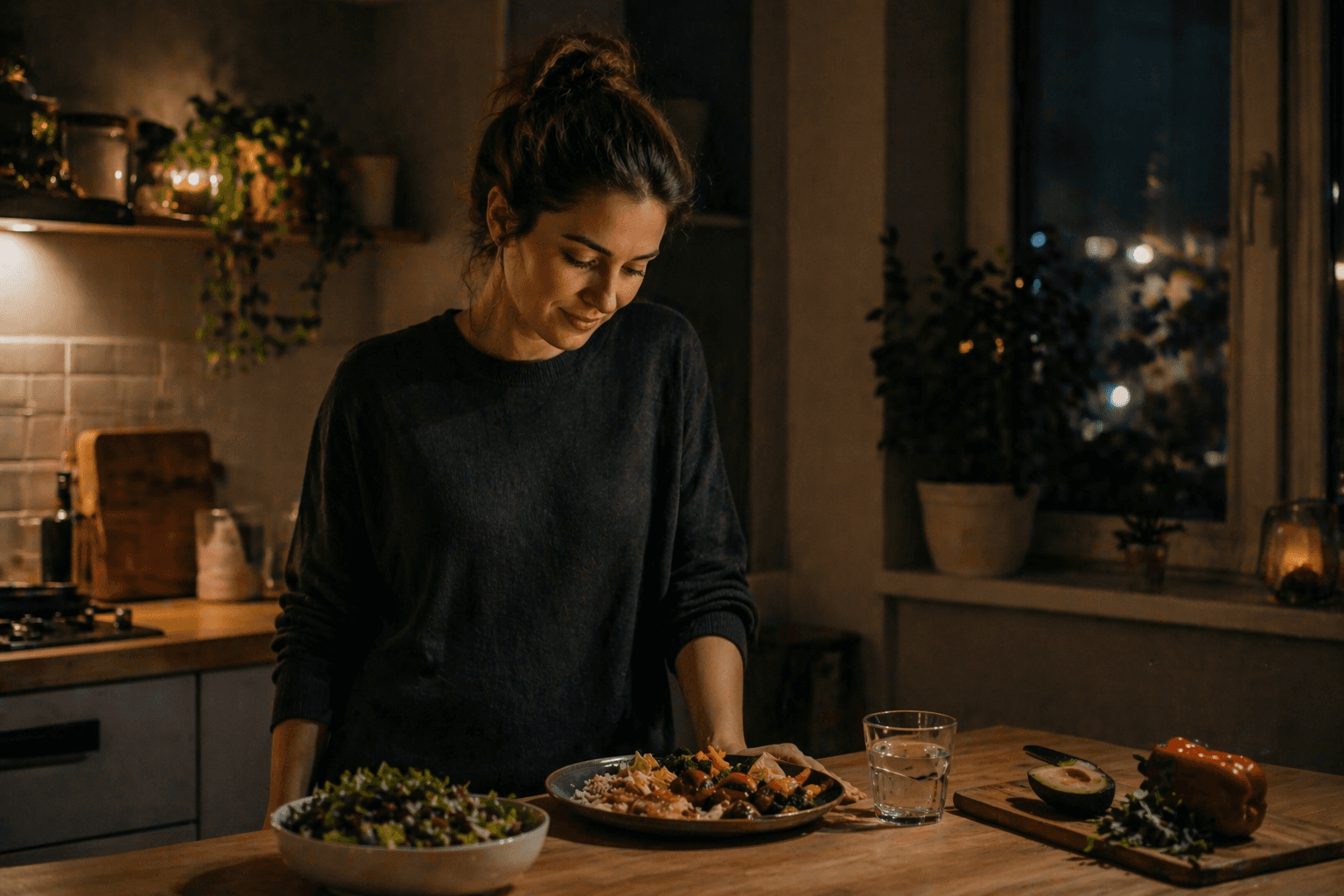 Woman pausing before eating at night — recognizing the pattern of evening overeating