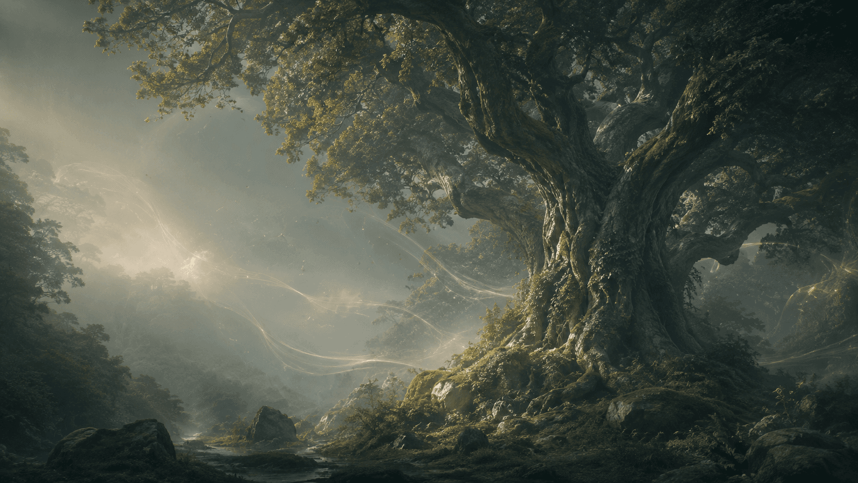 Large woodland tree in morning haze