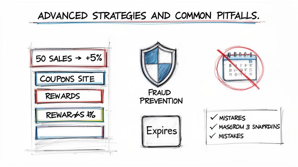 A diagram outlining advanced business strategies and common pitfalls, including sales, coupons, rewards, fraud prevention, and expiration.