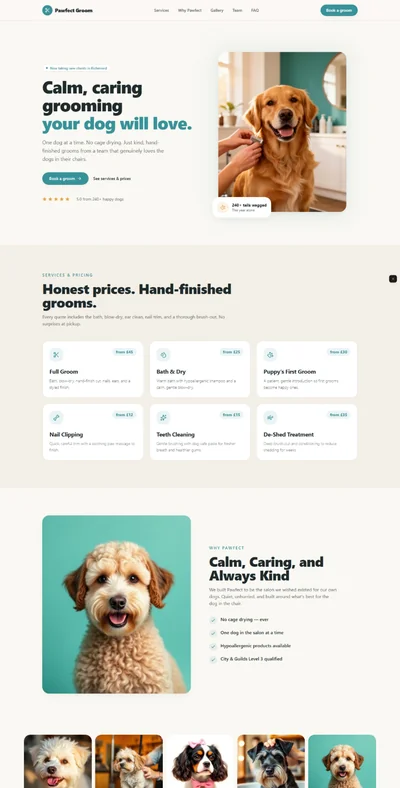 Dog groomer website prompt — warm teal and warm white dog grooming salon website design preview
