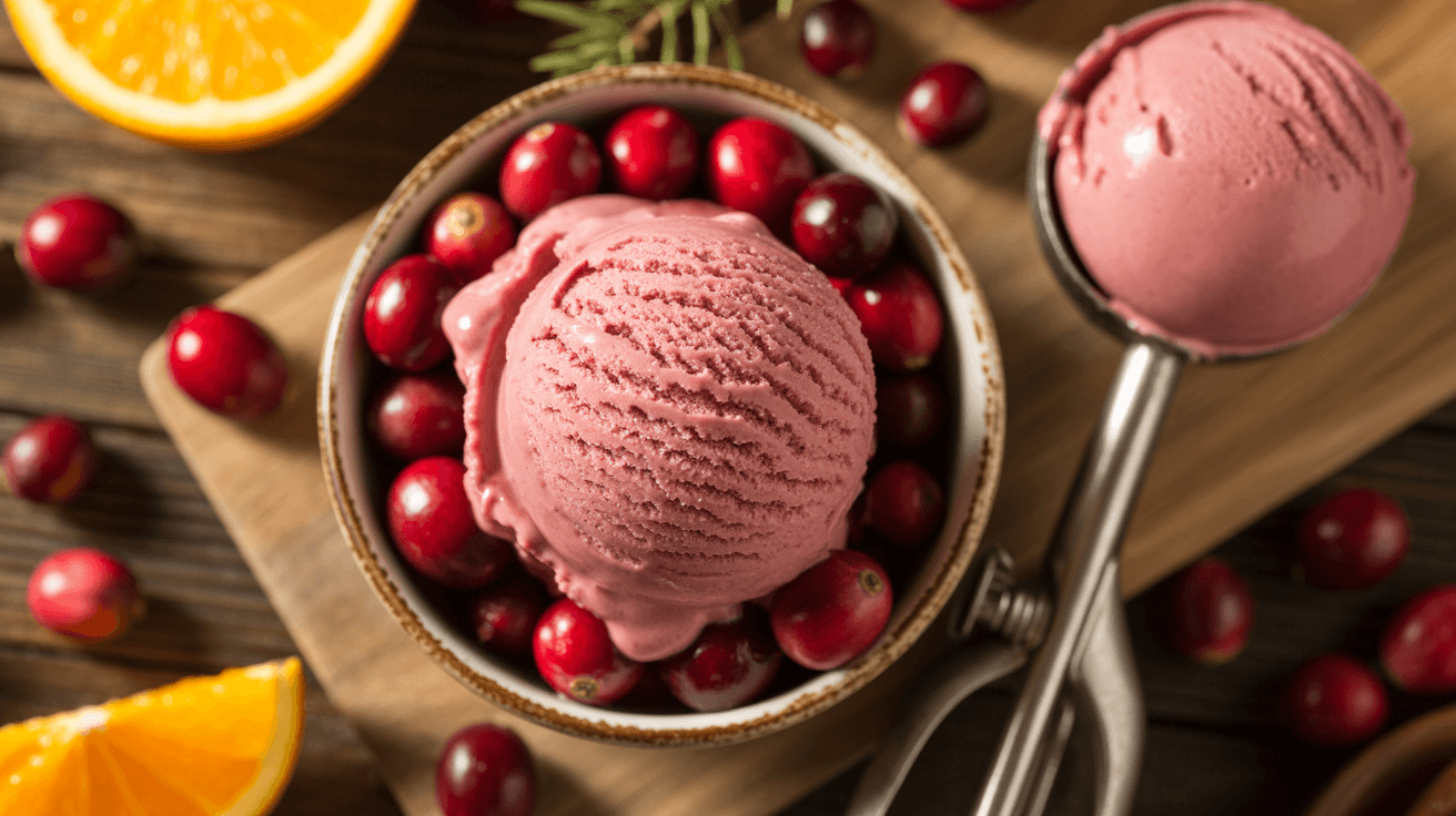 Overhead cranberry ice cream scoop with fresh cranberries orange slices and vintage scoop on wood table