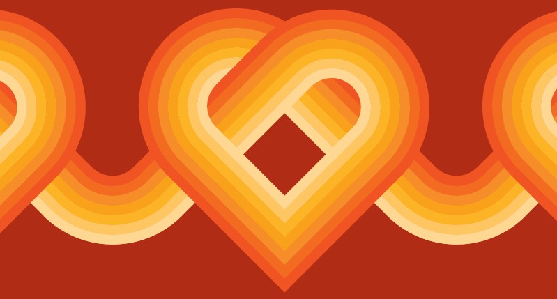 A heart shape pattern made from colored lines that are a gradient from yellow, orange to red.