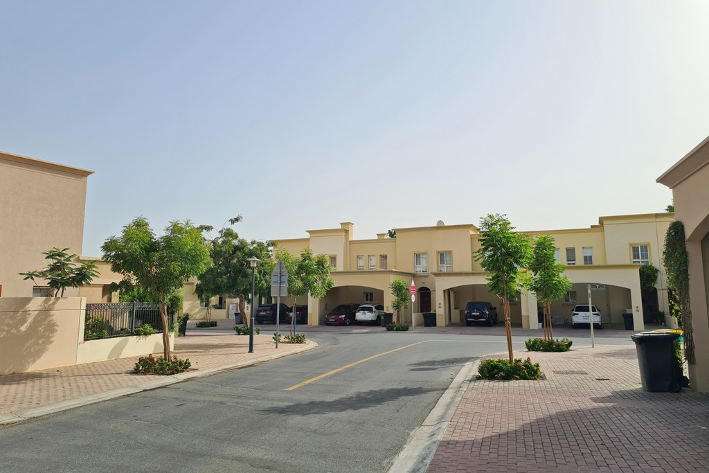 Suburban street in Springs 2 featuring houses and lush greenery lining the residential area.