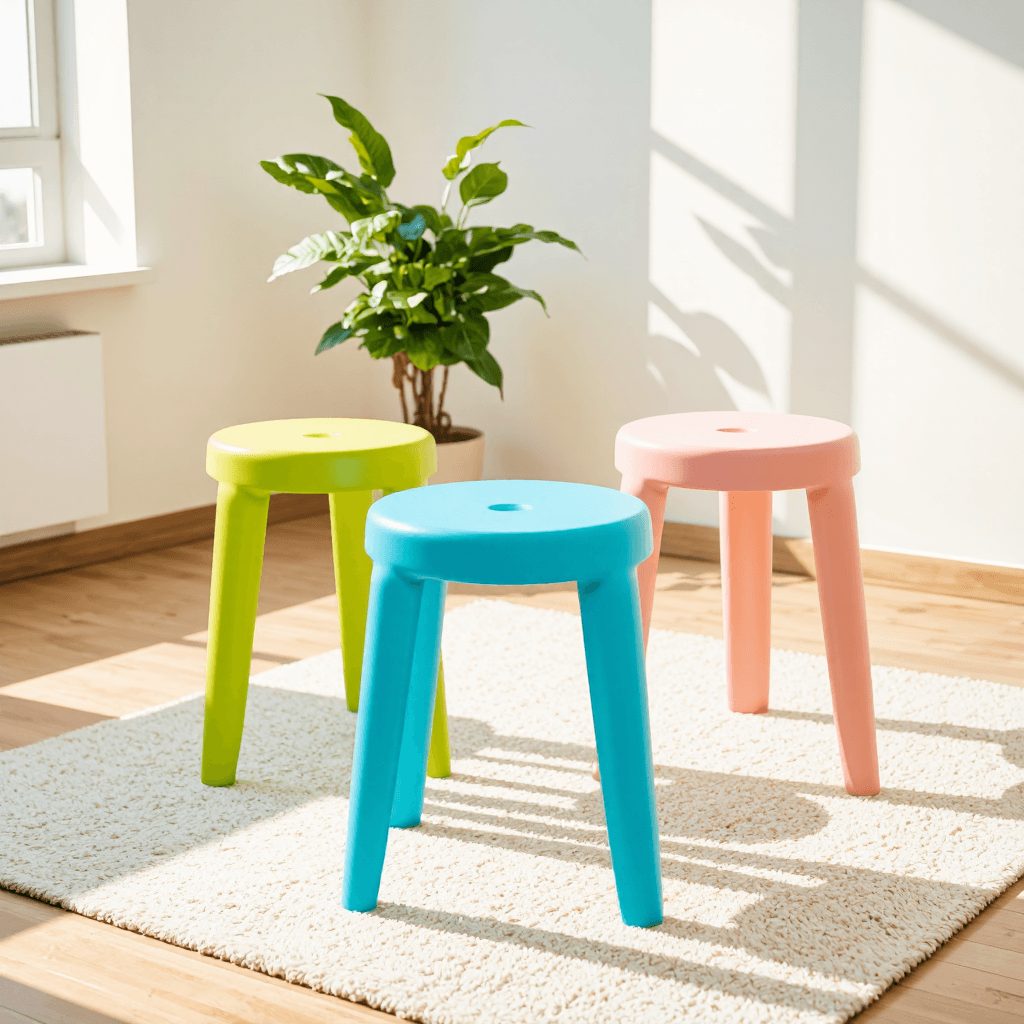 product photography of set of colorful plastic stools