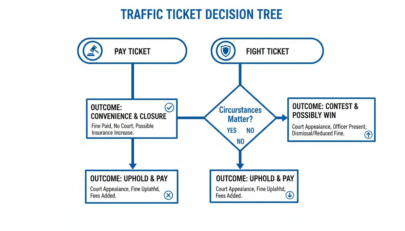 A decision tree illustrating options and outcomes for a traffic ticket: pay or fight.