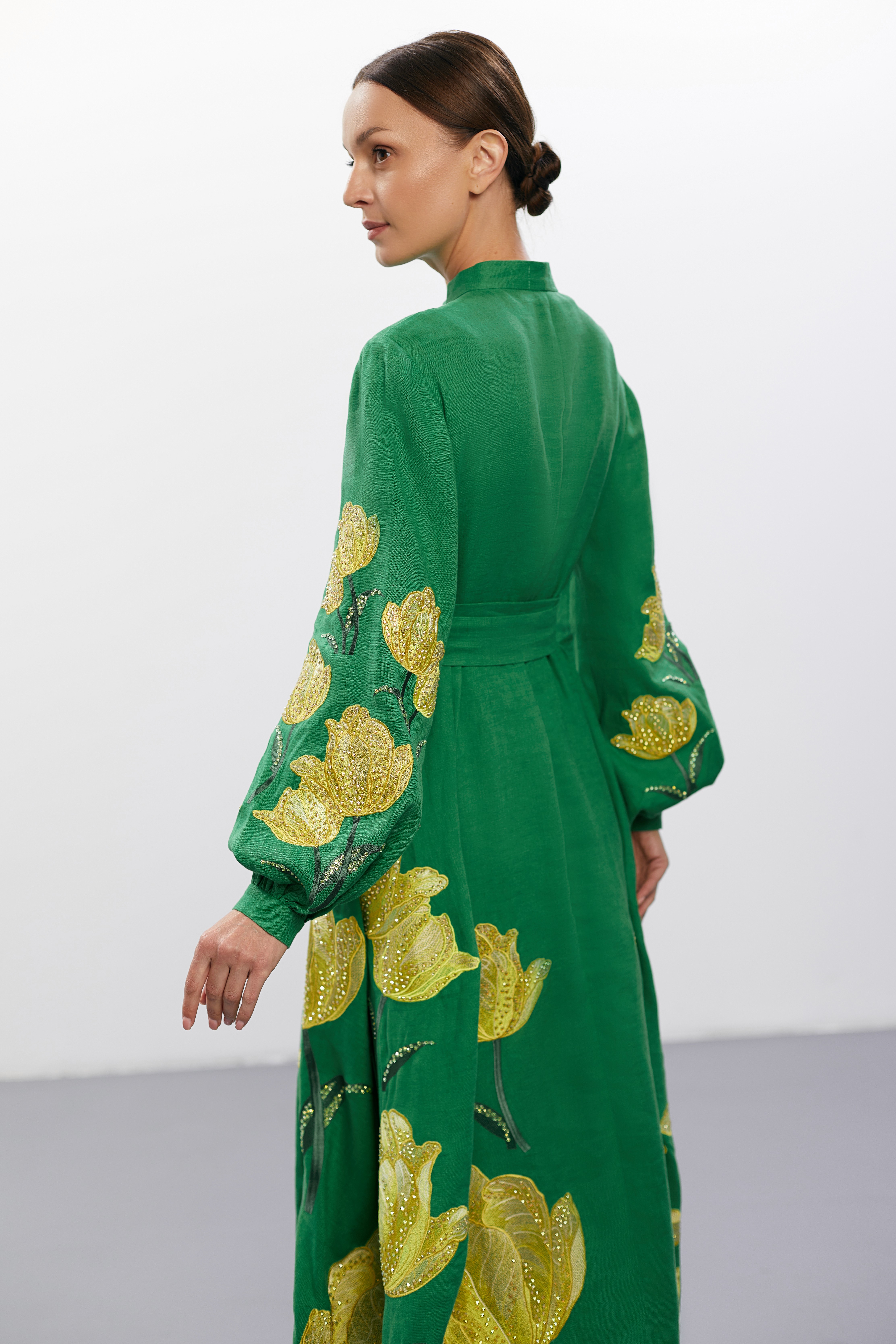 Emerald Petal Linen Gown