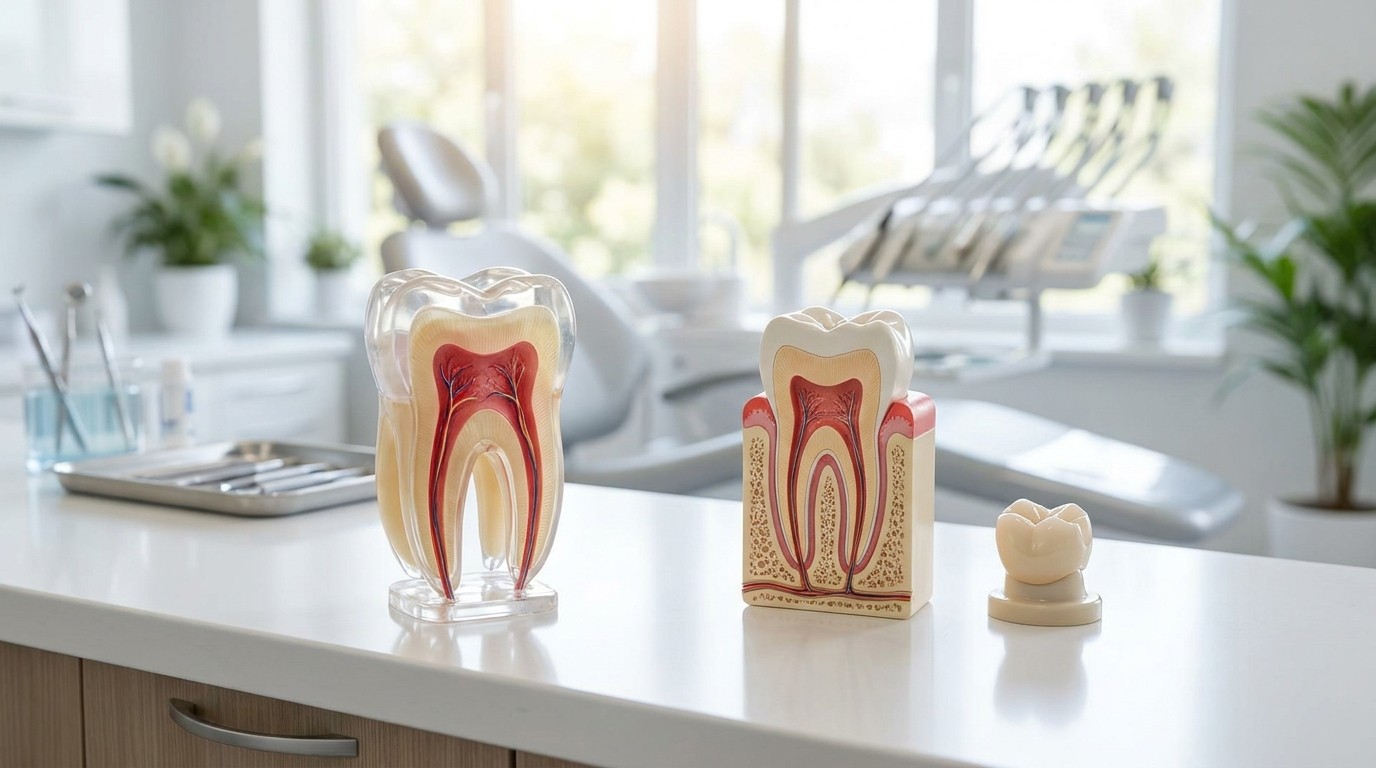 A dental model on a clinic counter shows the inside of a molar beside a single crown used after root canal treatment.