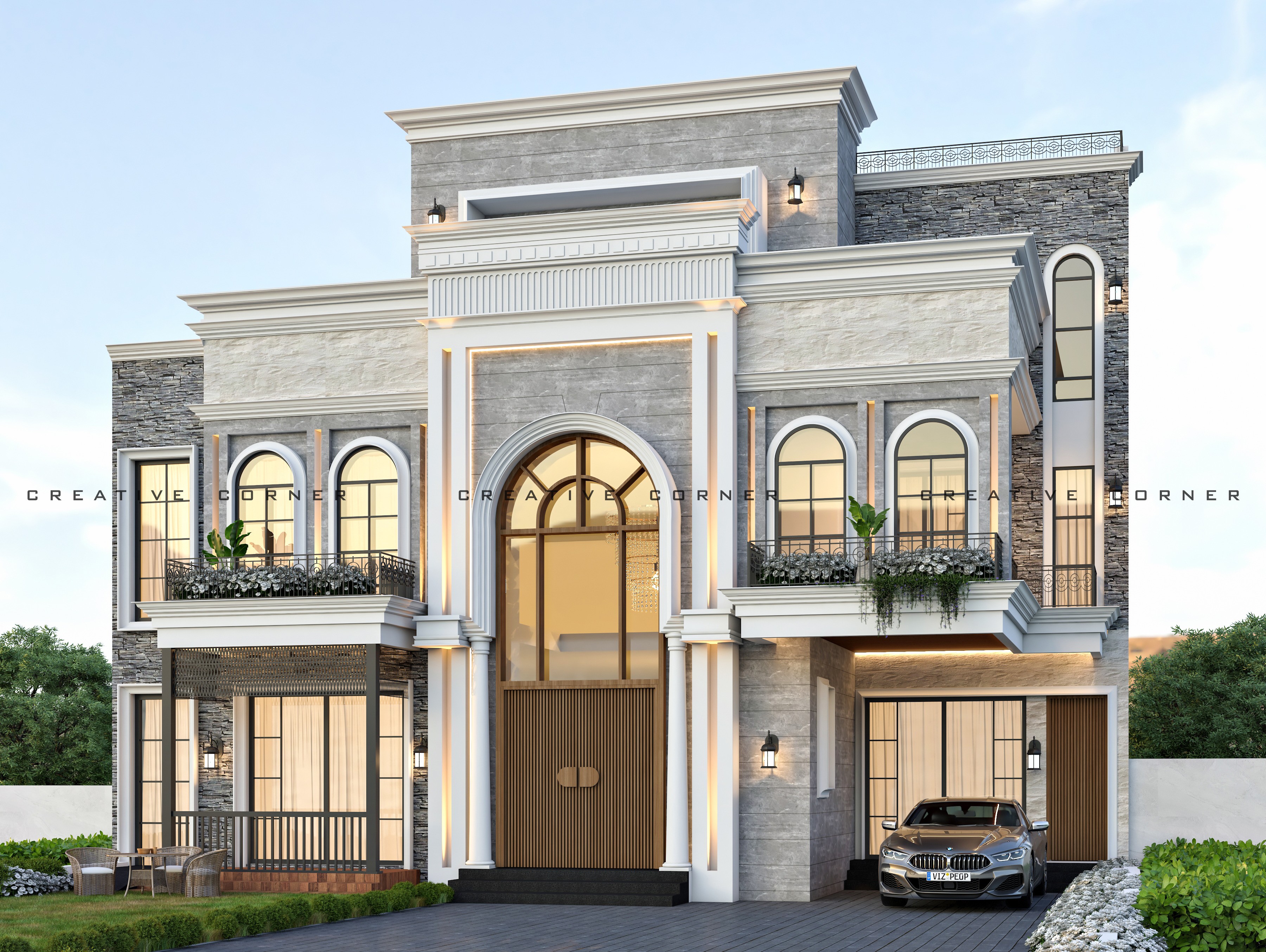 Modern interior entrance with floor-to-ceiling glass walls and warm timber cladding overlooking landscape