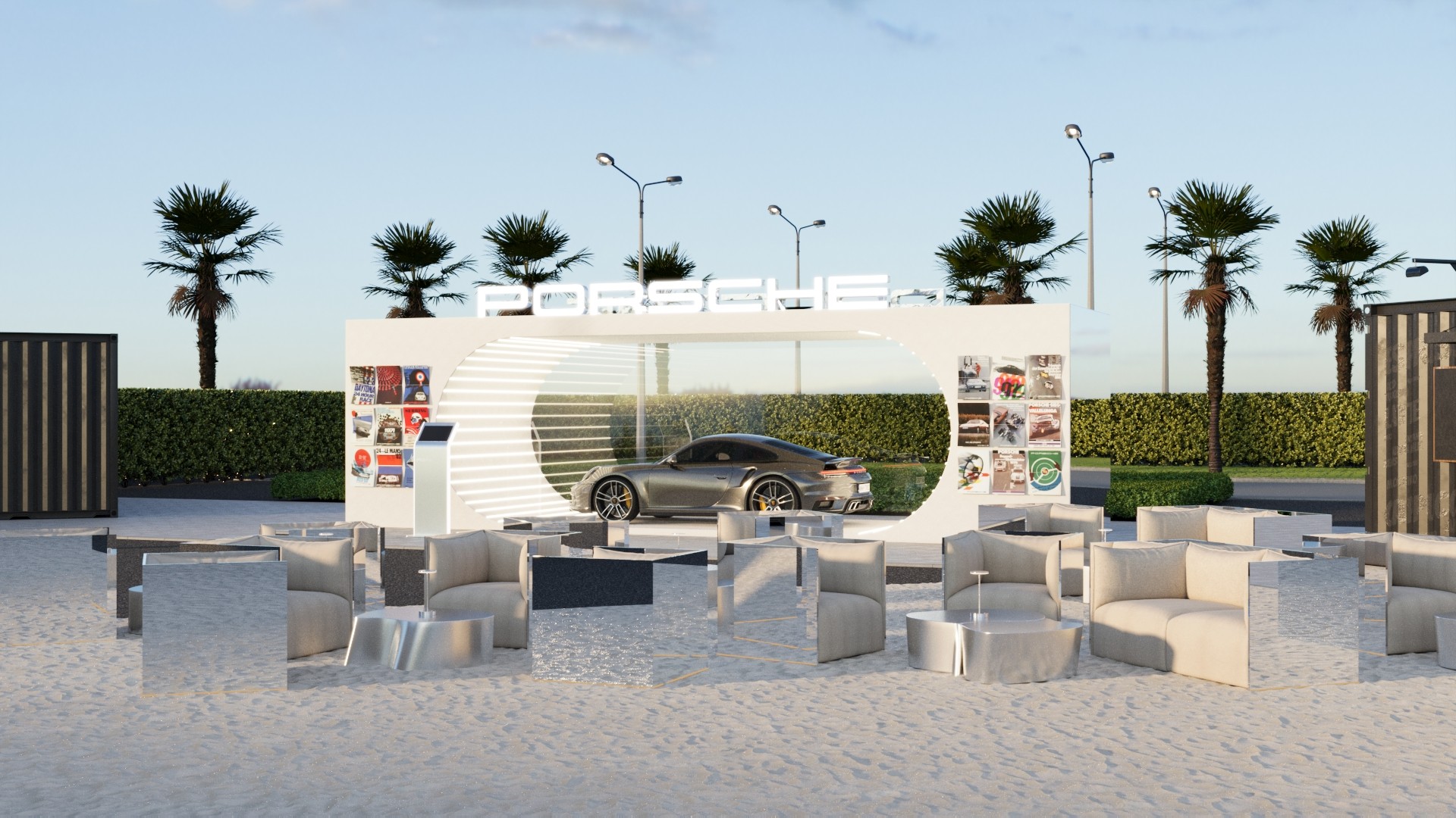 Exhibition zone with lounge area for Porsche pop-up experience developed by our team