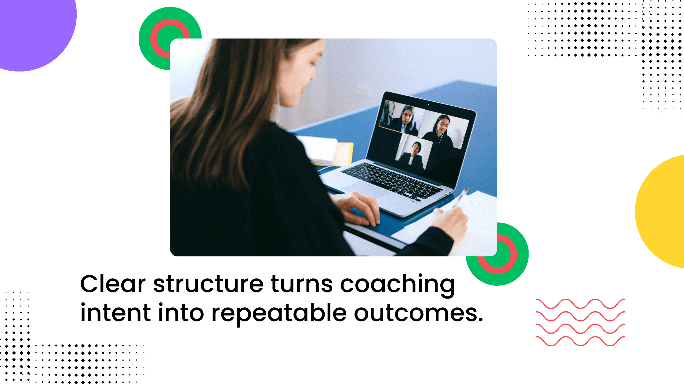 Woman attending a video call on a laptop, taking notes at a desk during a virtual session.