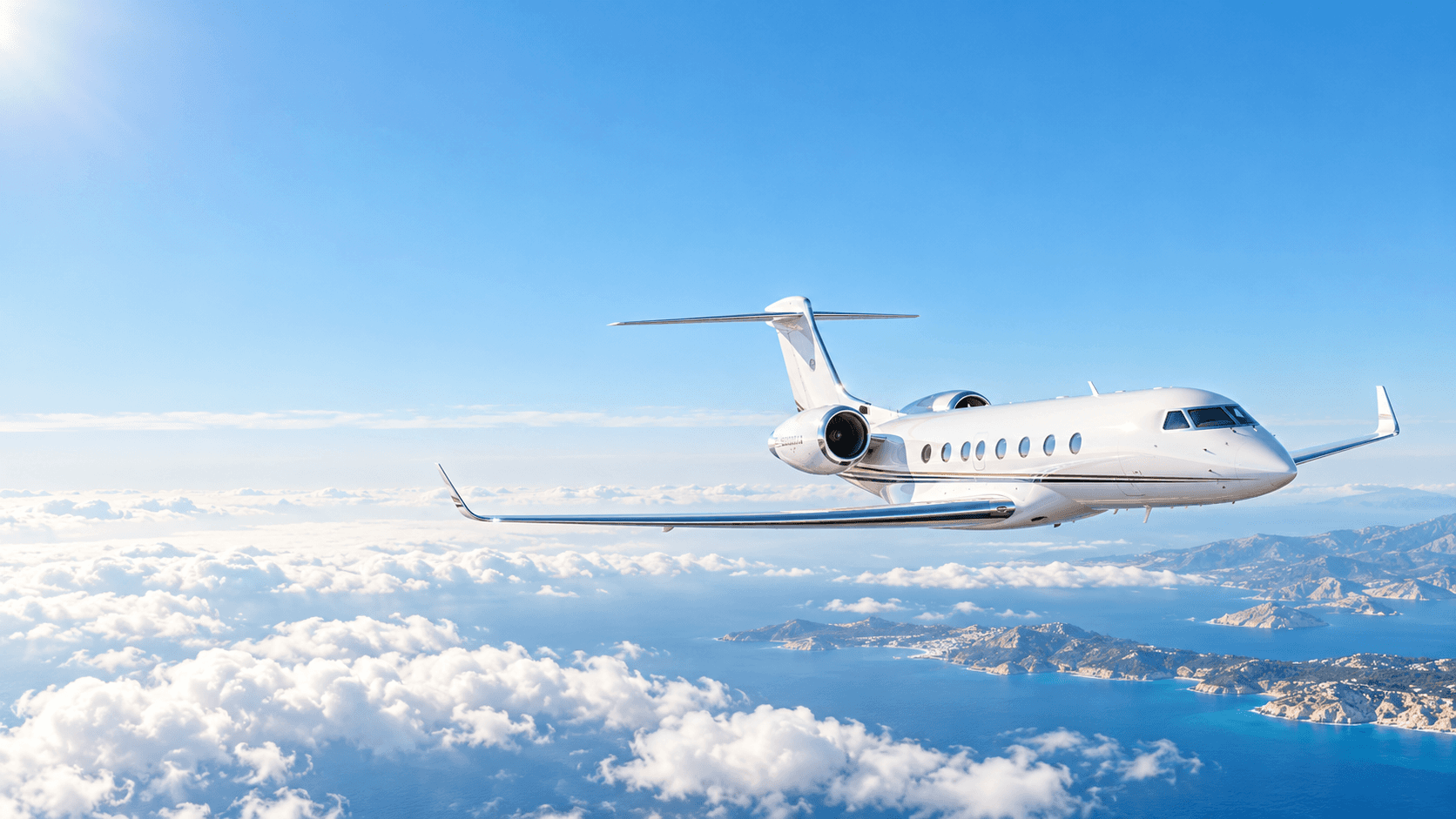 A white executive jet over a luminous cloudscape