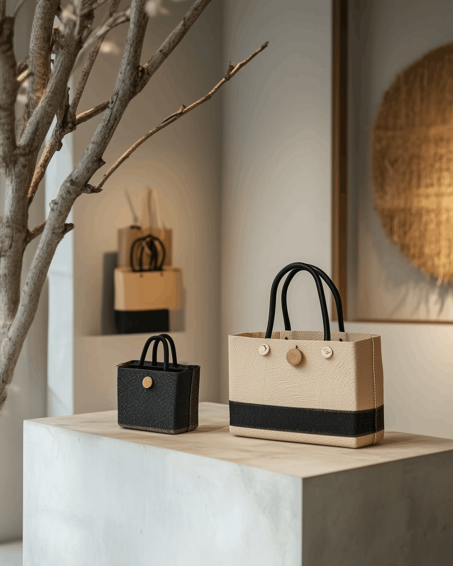 Stylish handbags arranged on modern shelf with decorative interior elements