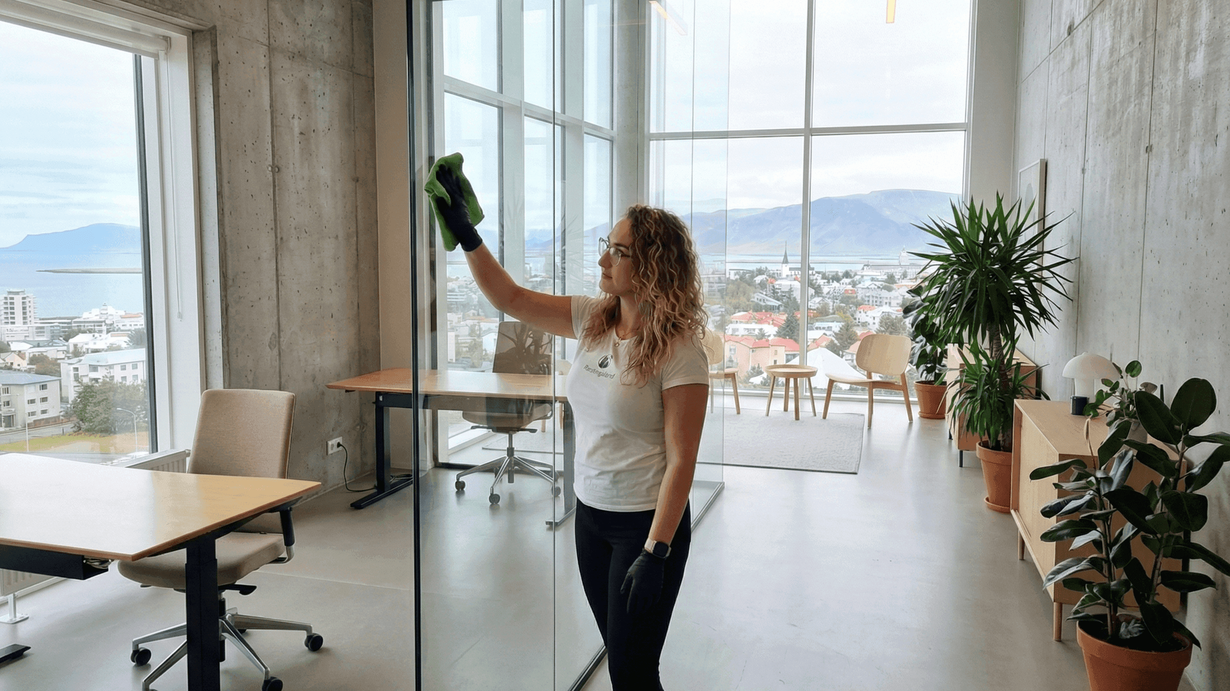 Hreinsun á málningu og límmiðum af glugga eftir framkvæmdir.