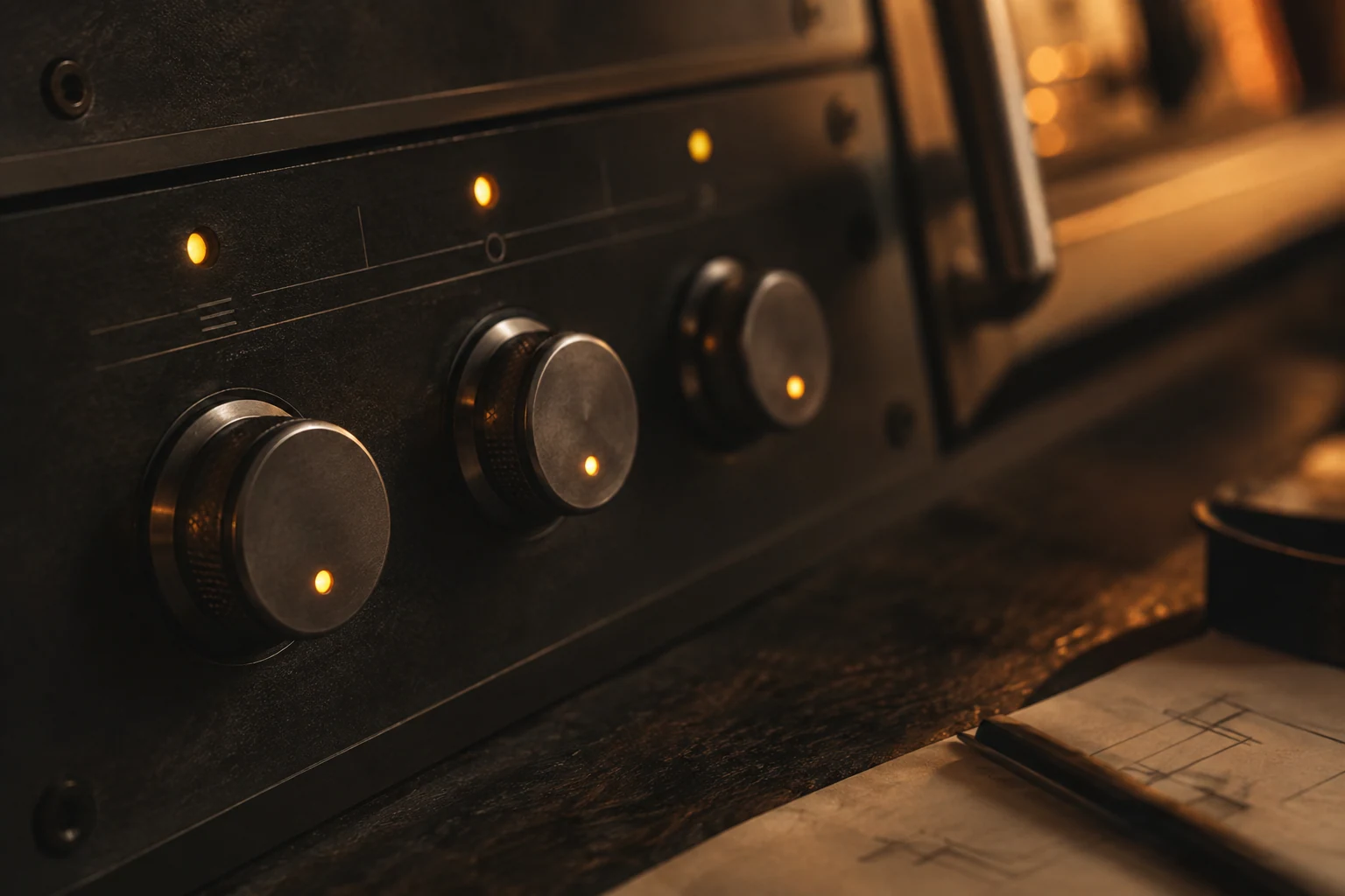 Close-up of custom mechanical interface buttons with tiny amber indicators on a charcoal control panel, original object