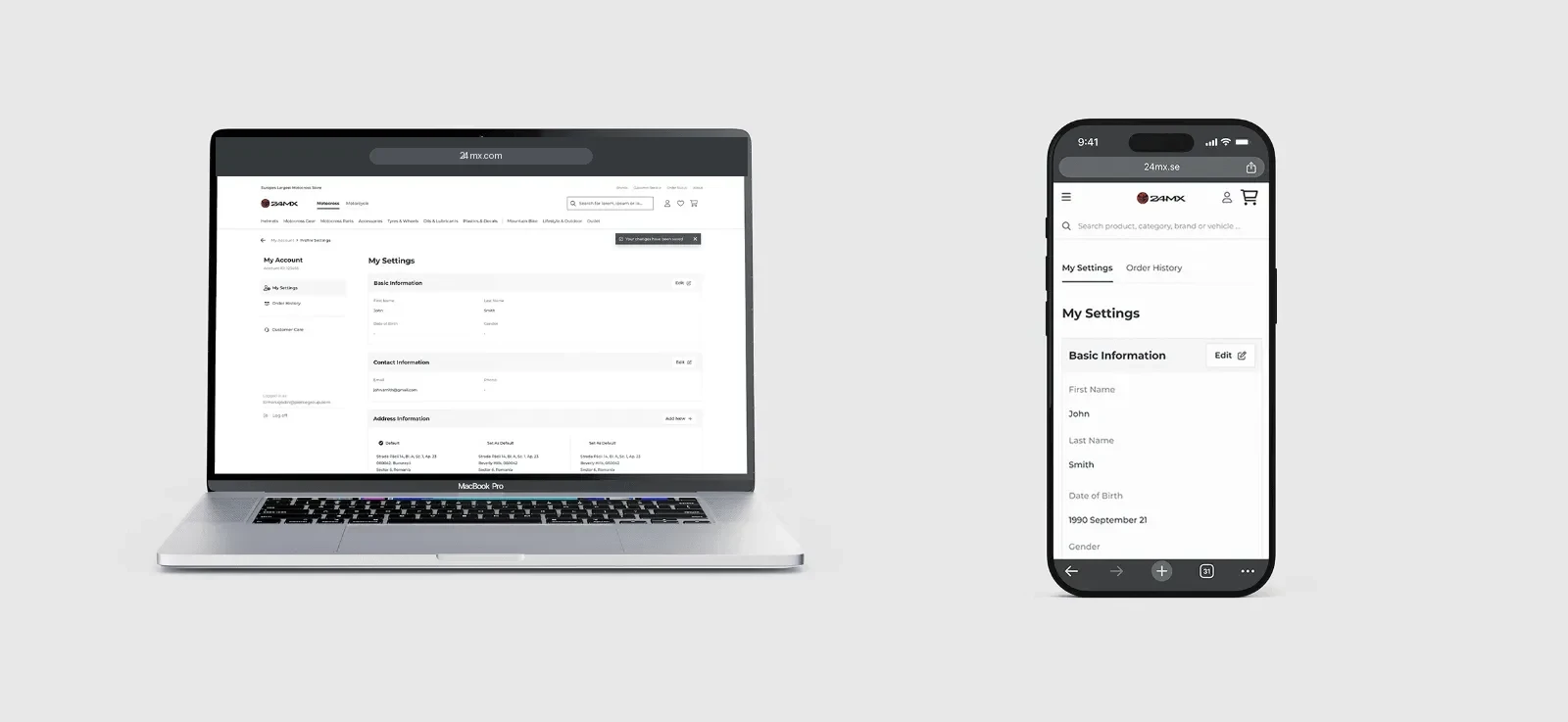 24MX login and account pages on a laptop and a phone