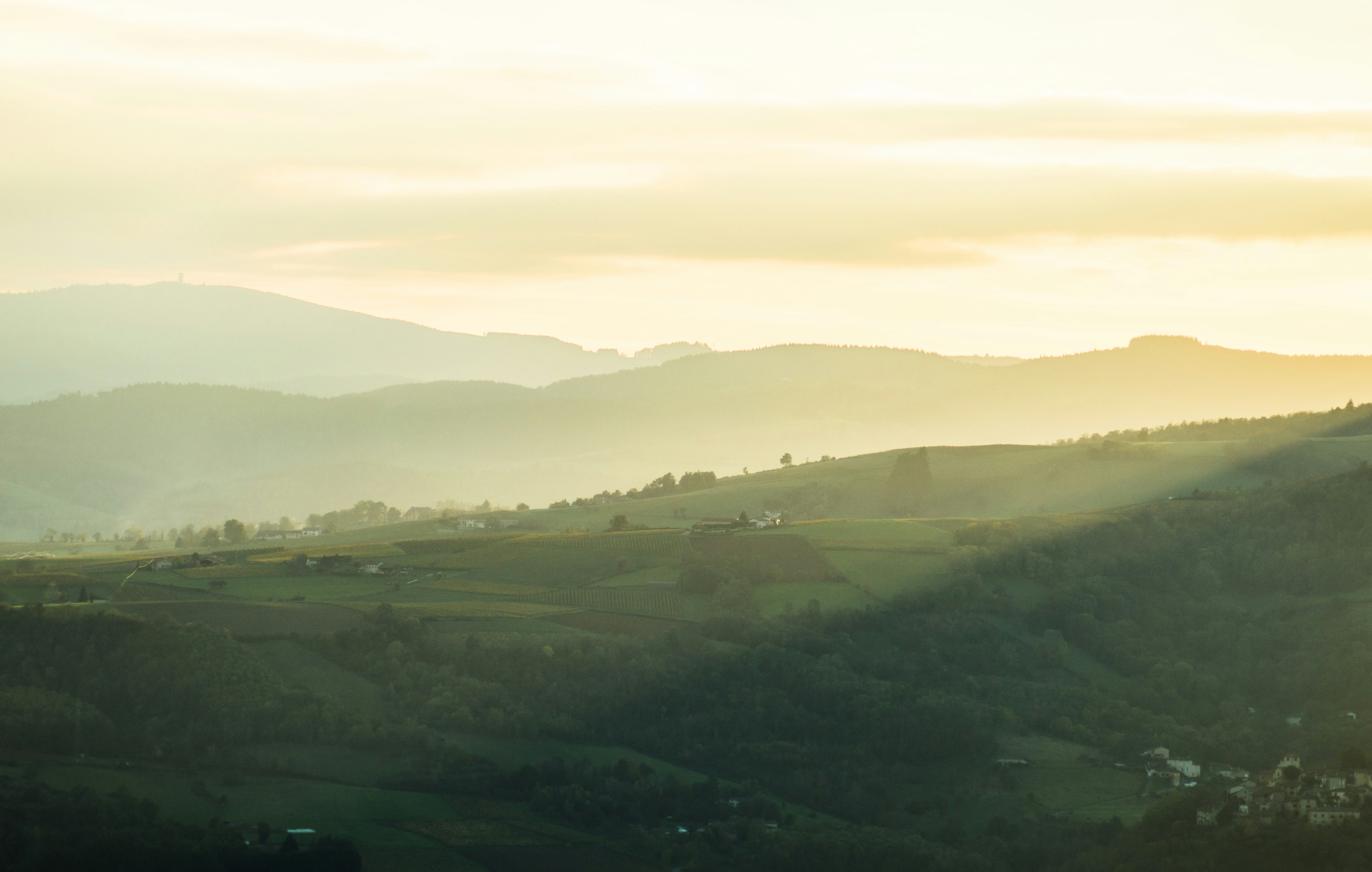A view of a valley with mountains in the background
