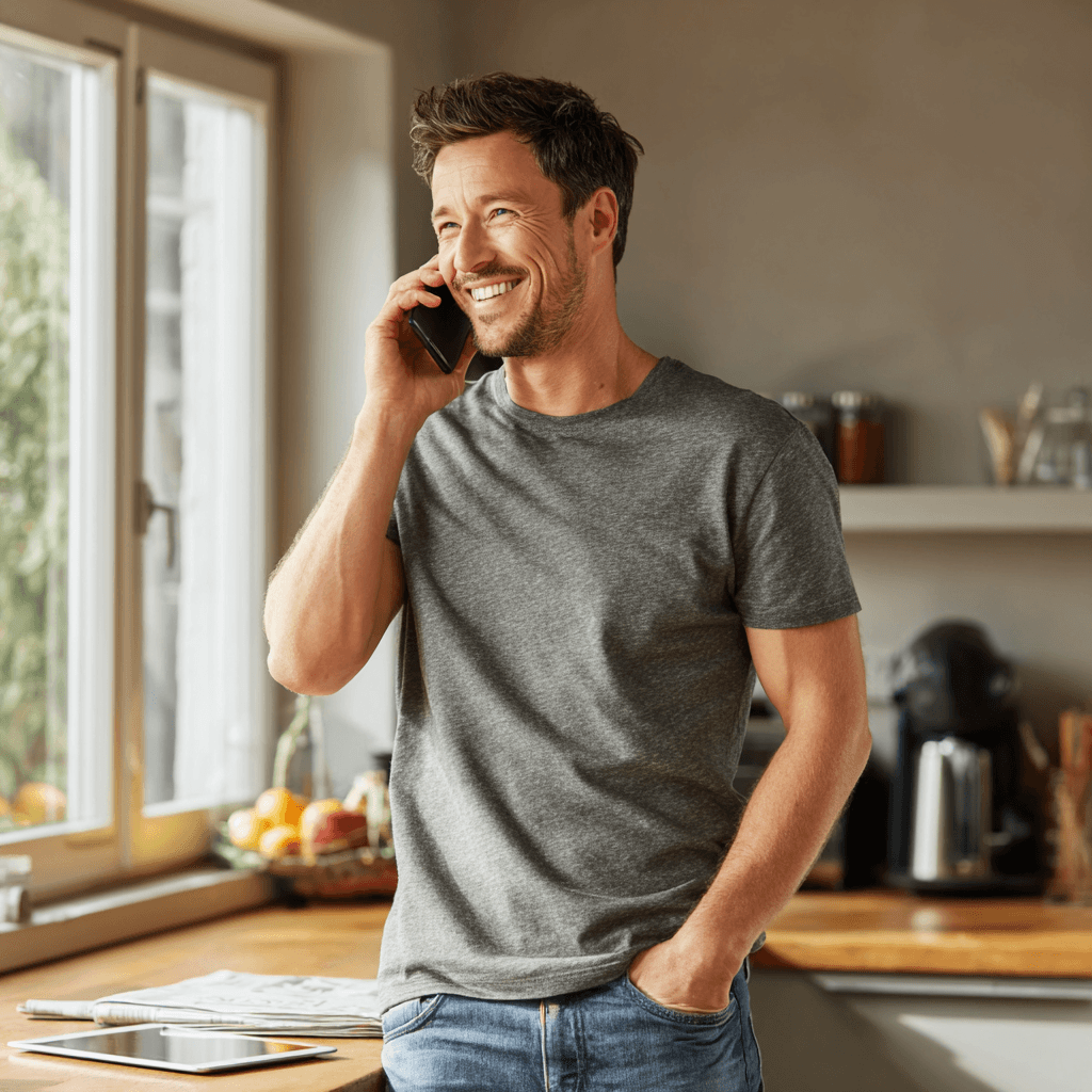 Woman talking to ai agent on phone happily